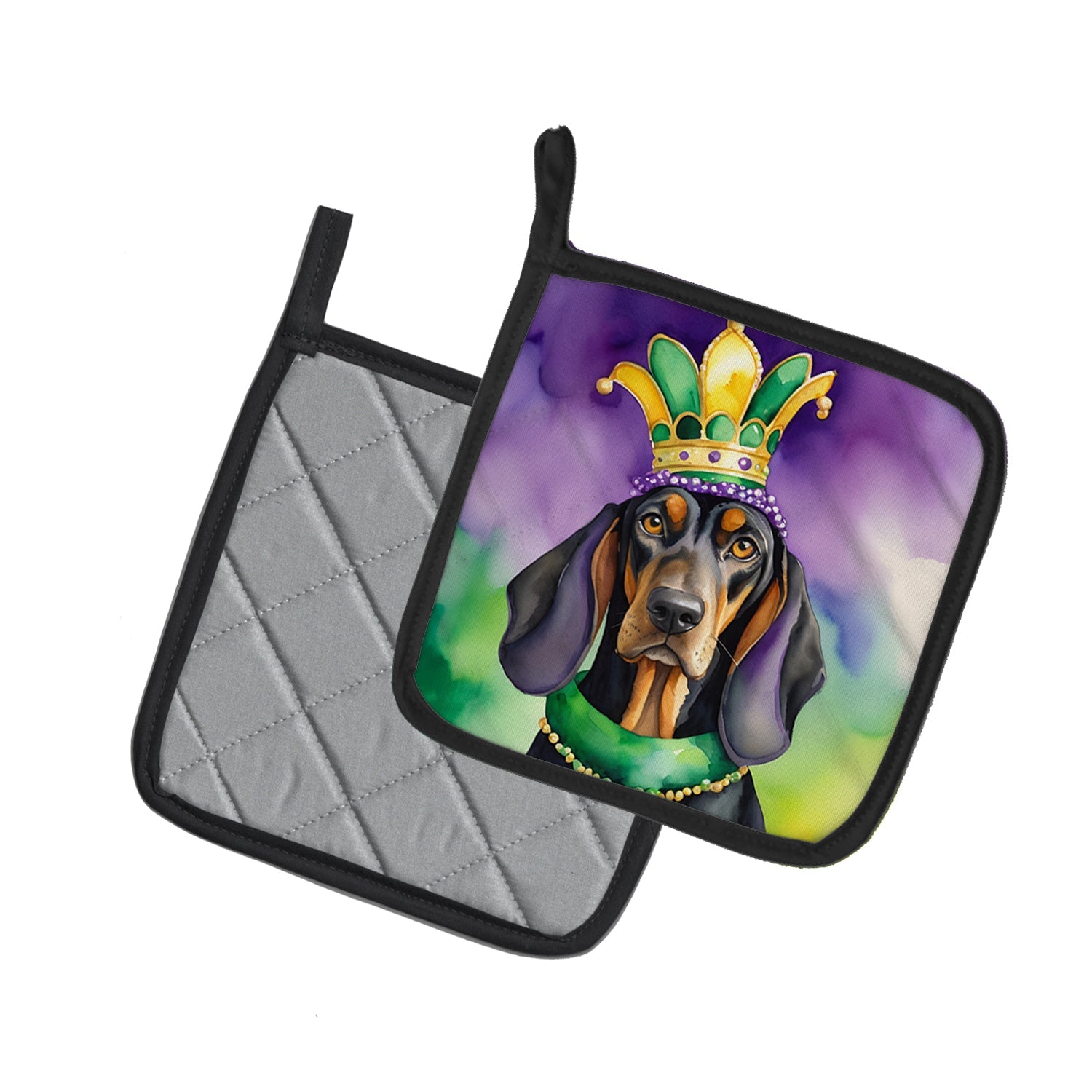 Black and Tan Coonhound King of Mardi Gras Pot Holder Set of 2 Heat Resistant Quilted Hot Pads 7.5 x 7.5 Inch, Insulated Kitchen Trivets for Cooking & Baking
