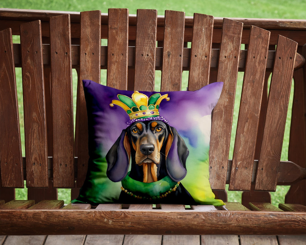 Black and Tan Coonhound King of Mardi Gras Decorative Throw Pillow 14x14 Indoor Outdoor Accent Cushion, Fabric Cover with Insert for Sofa, Bed, Porch & Living Room