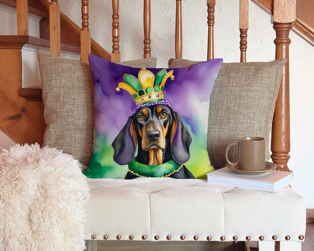 Black and Tan Coonhound King of Mardi Gras Decorative Throw Pillow 14x14 Indoor Outdoor Accent Cushion, Fabric Cover with Insert for Sofa, Bed, Porch & Living Room