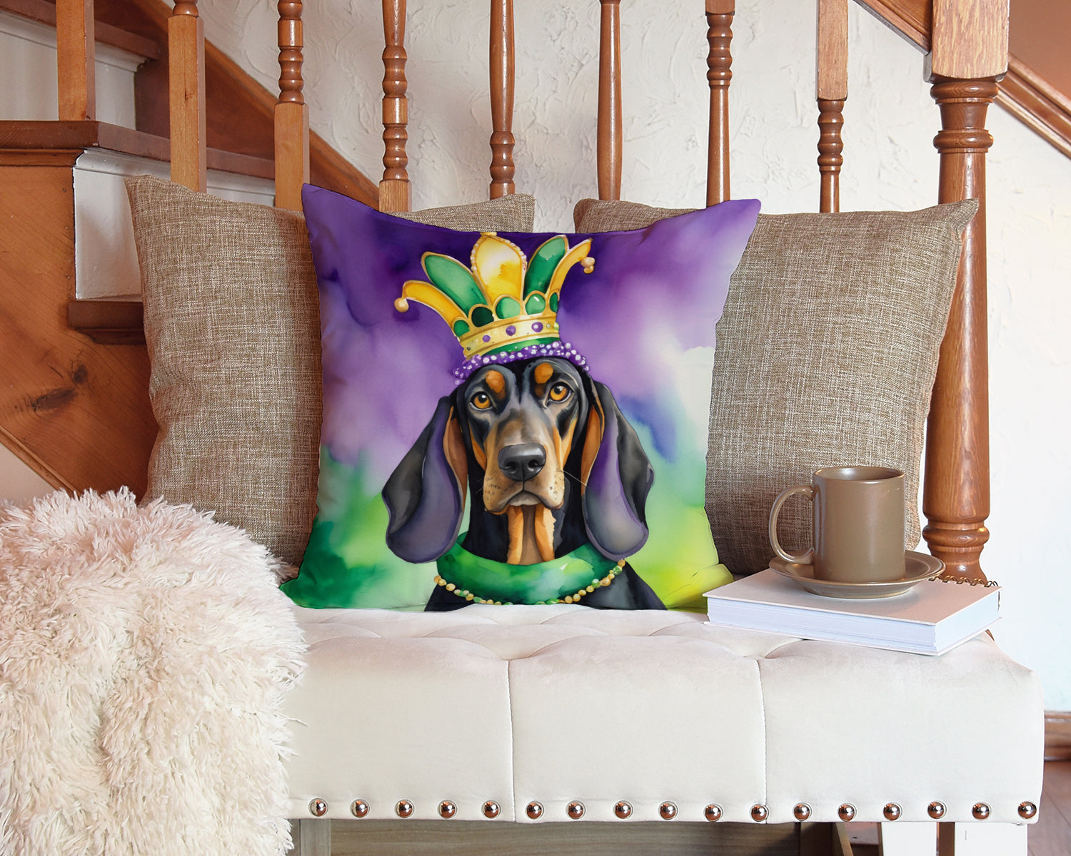 Black and Tan Coonhound King of Mardi Gras Decorative Throw Pillow 14x14 Indoor Outdoor Accent Cushion, Fabric Cover with Insert for Sofa, Bed, Porch & Living Room