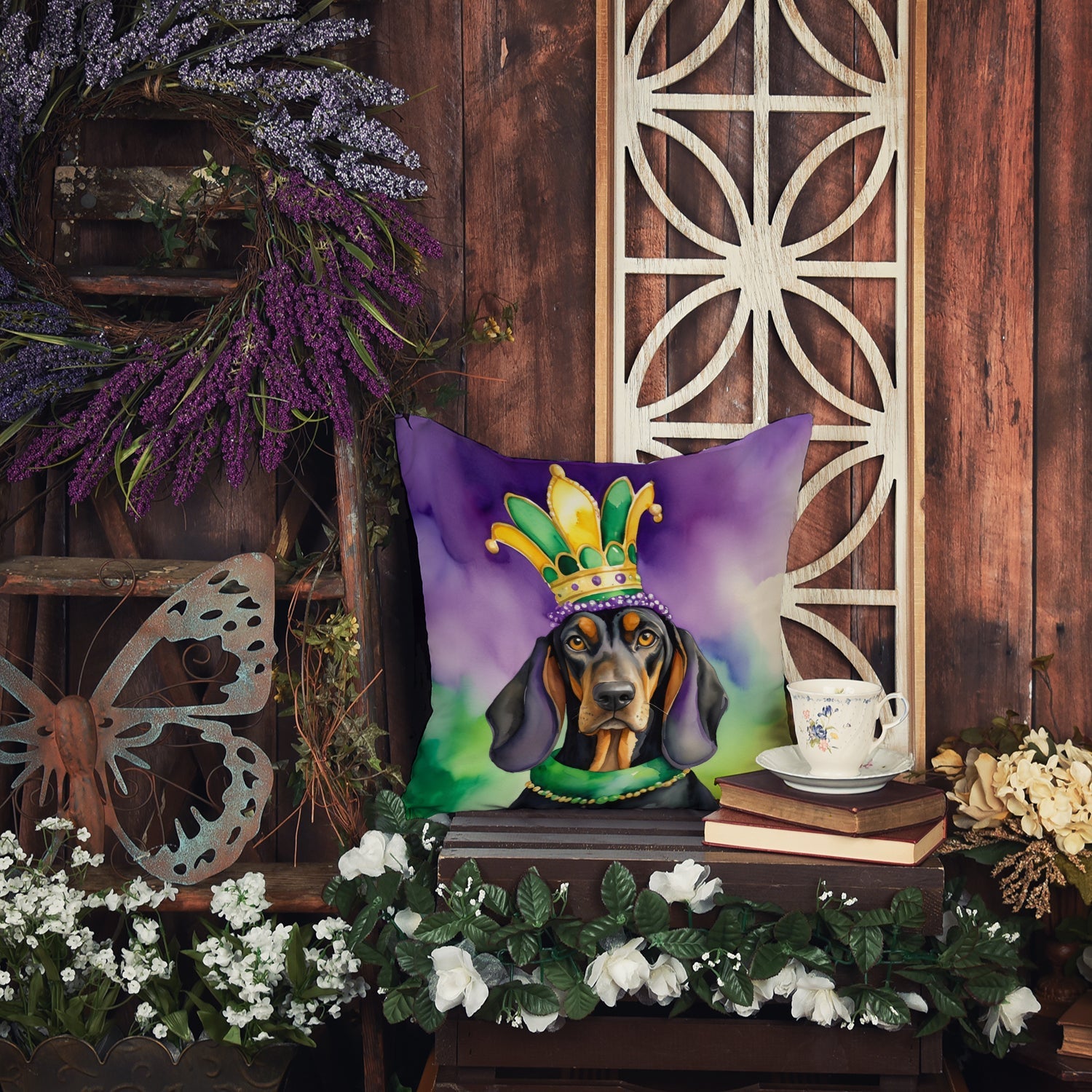 Black and Tan Coonhound King of Mardi Gras Decorative Throw Pillow 14x14 Indoor Outdoor Accent Cushion, Fabric Cover with Insert for Sofa, Bed, Porch & Living Room