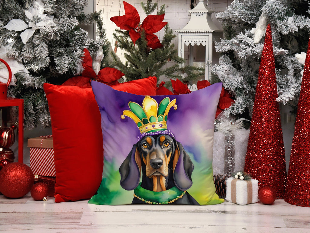 Black and Tan Coonhound King of Mardi Gras Decorative Throw Pillow 14x14 Indoor Outdoor Accent Cushion, Fabric Cover with Insert for Sofa, Bed, Porch & Living Room