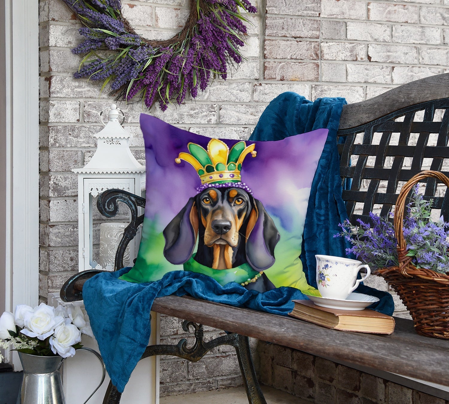 Black and Tan Coonhound King of Mardi Gras Decorative Throw Pillow 18x18 Indoor Outdoor Accent Cushion, Fabric Cover with Insert for Sofa, Bed, Porch & Living Room