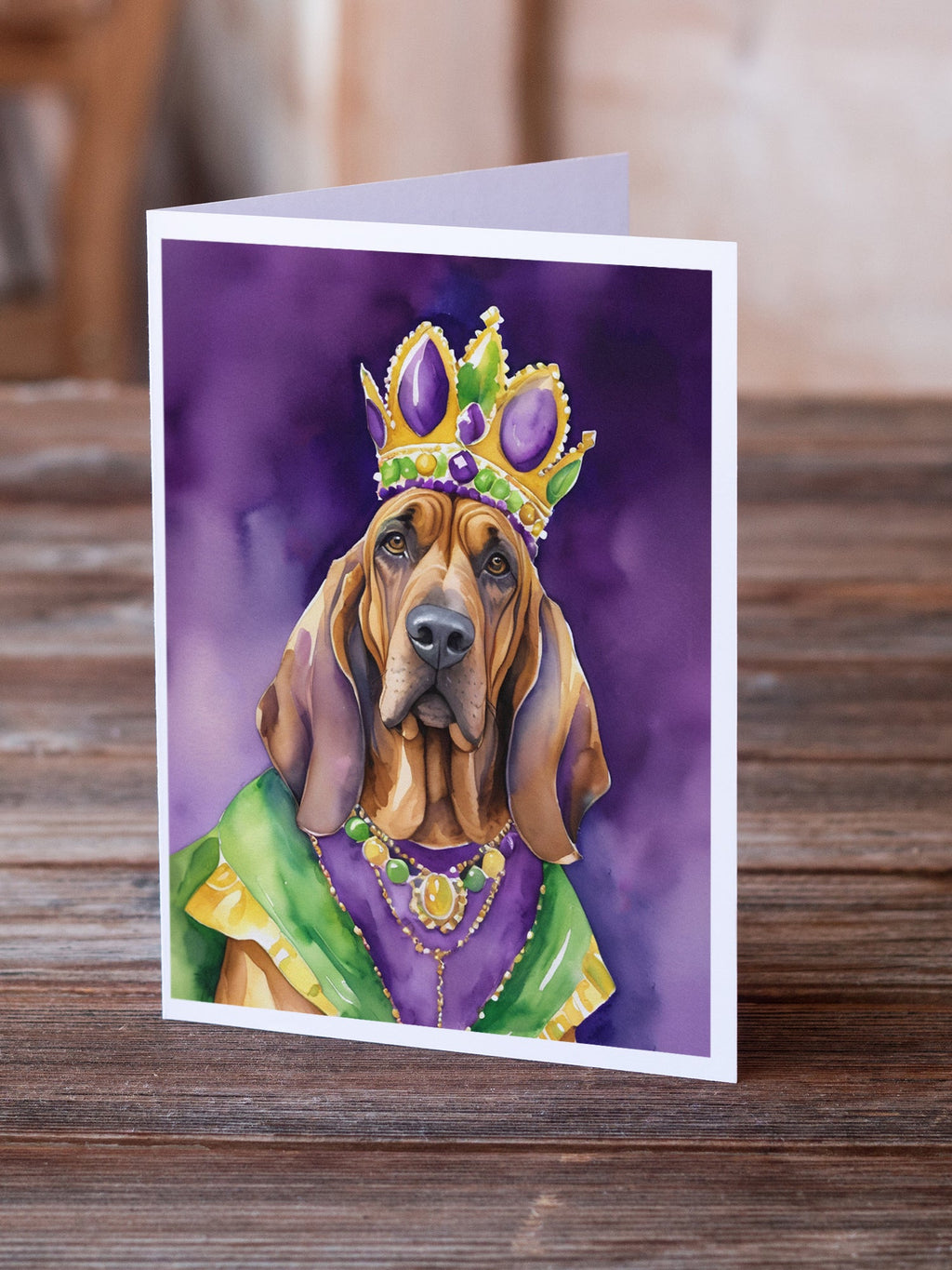 Bloodhound King of Mardi Gras Greeting Cards Pack of 8 Blank Cards with Envelopes Whimsical A7 Size 5x7