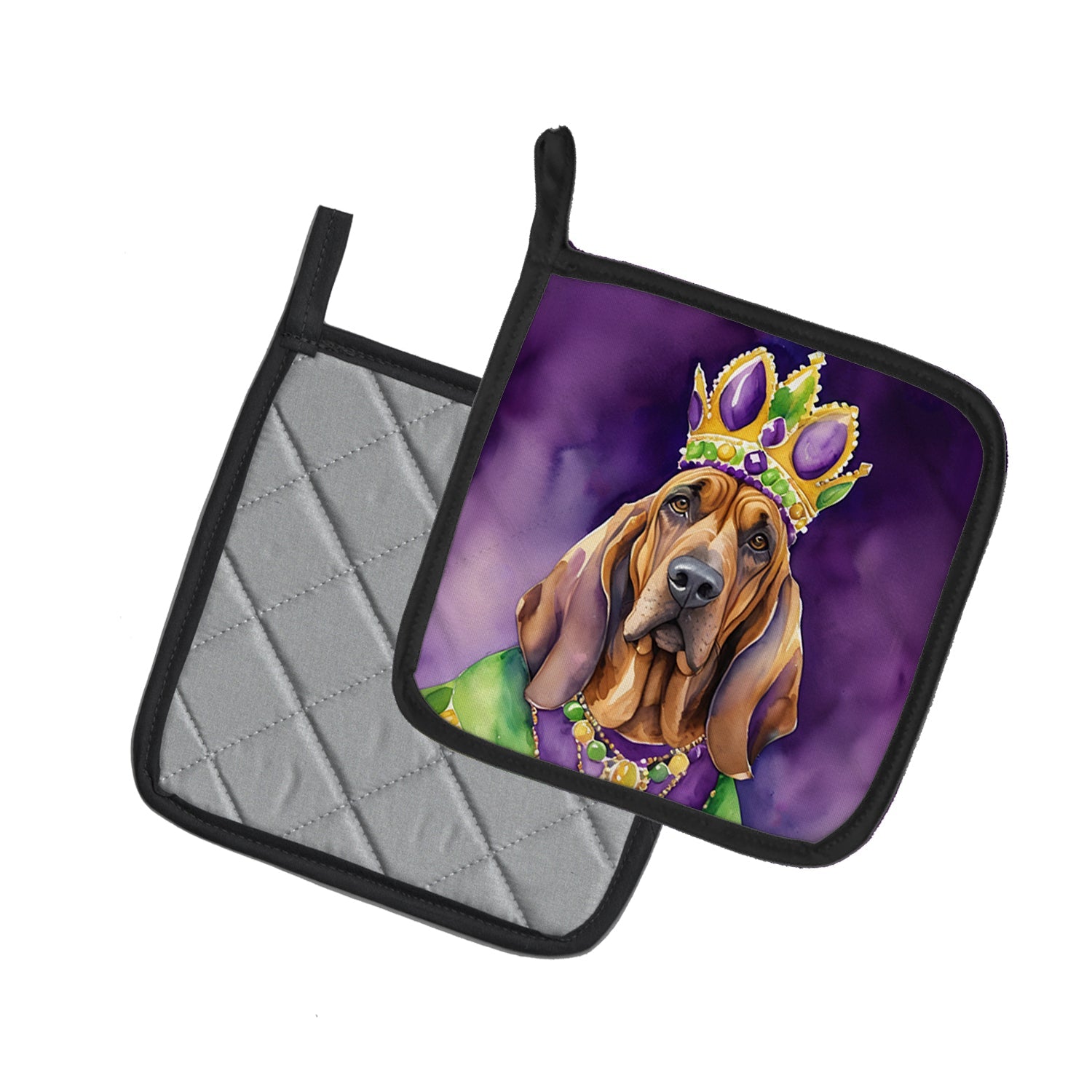 Bloodhound King of Mardi Gras Pot Holder Set of 2 Heat Resistant Quilted Hot Pads 7.5 x 7.5 Inch, Insulated Kitchen Trivets for Cooking & Baking