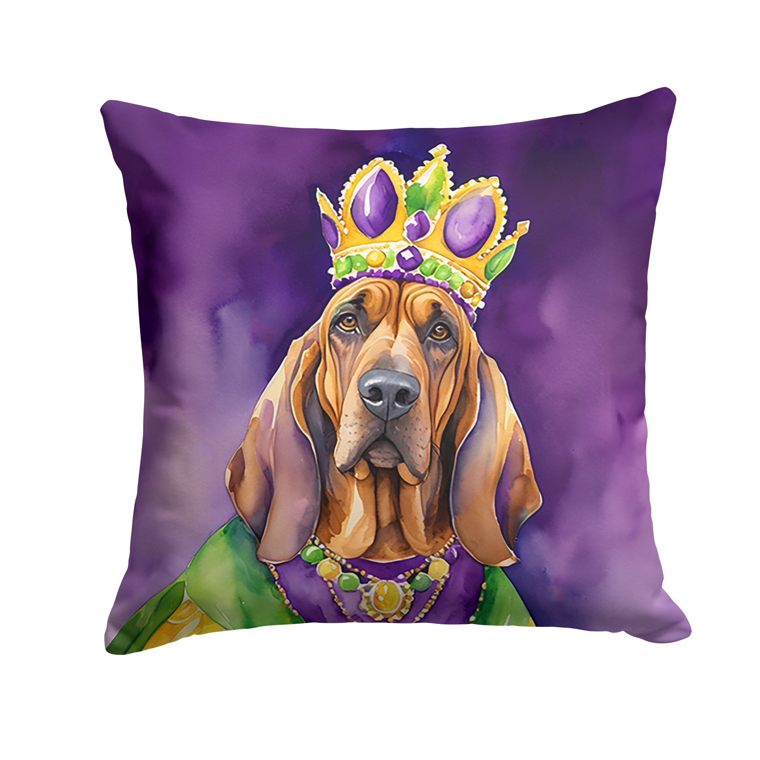 Bloodhound King of Mardi Gras Decorative Throw Pillow 14x14 Indoor Outdoor Accent Cushion, Fabric Cover with Insert for Sofa, Bed, Porch & Living Room