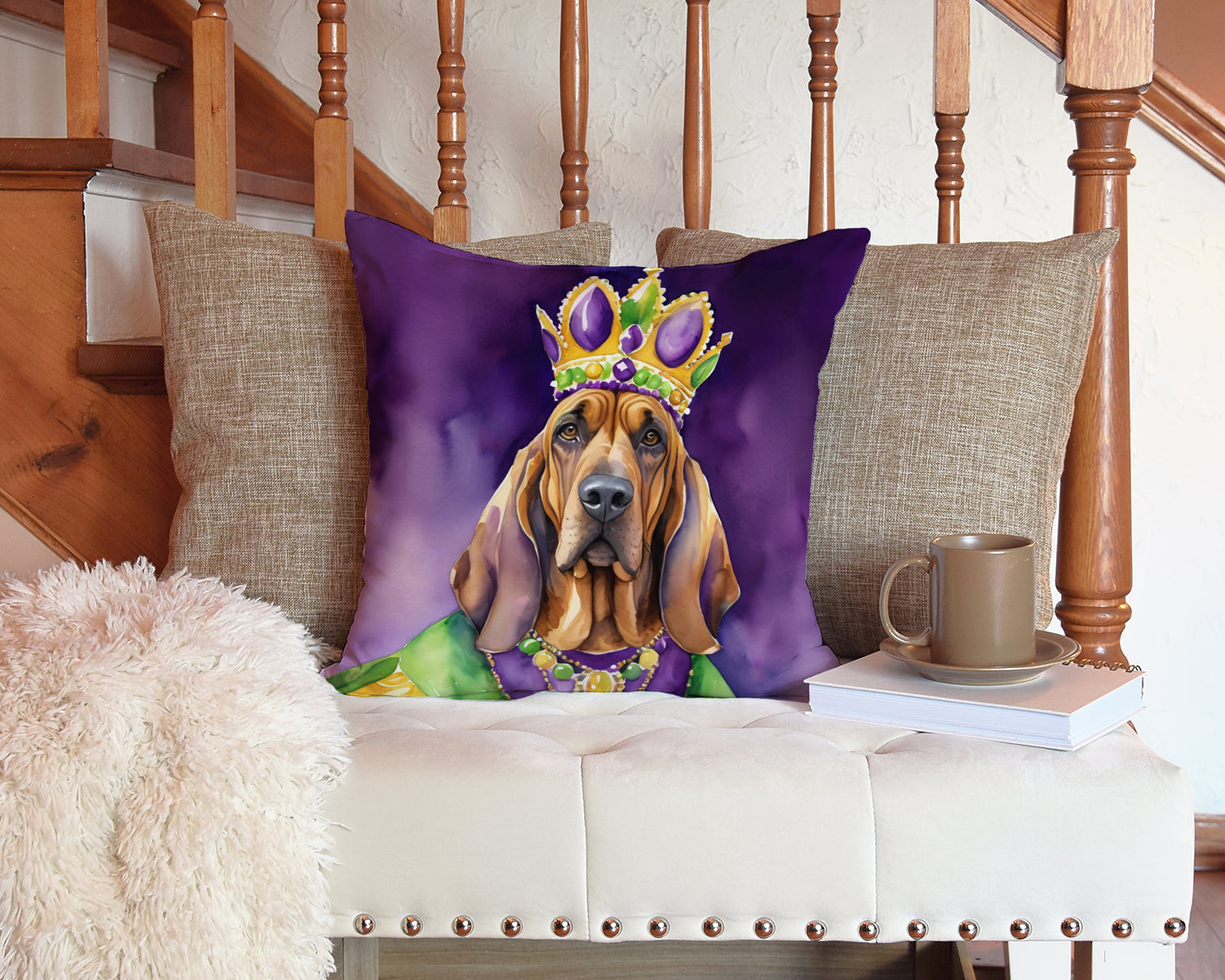 Bloodhound King of Mardi Gras Decorative Throw Pillow 14x14 Indoor Outdoor Accent Cushion, Fabric Cover with Insert for Sofa, Bed, Porch & Living Room
