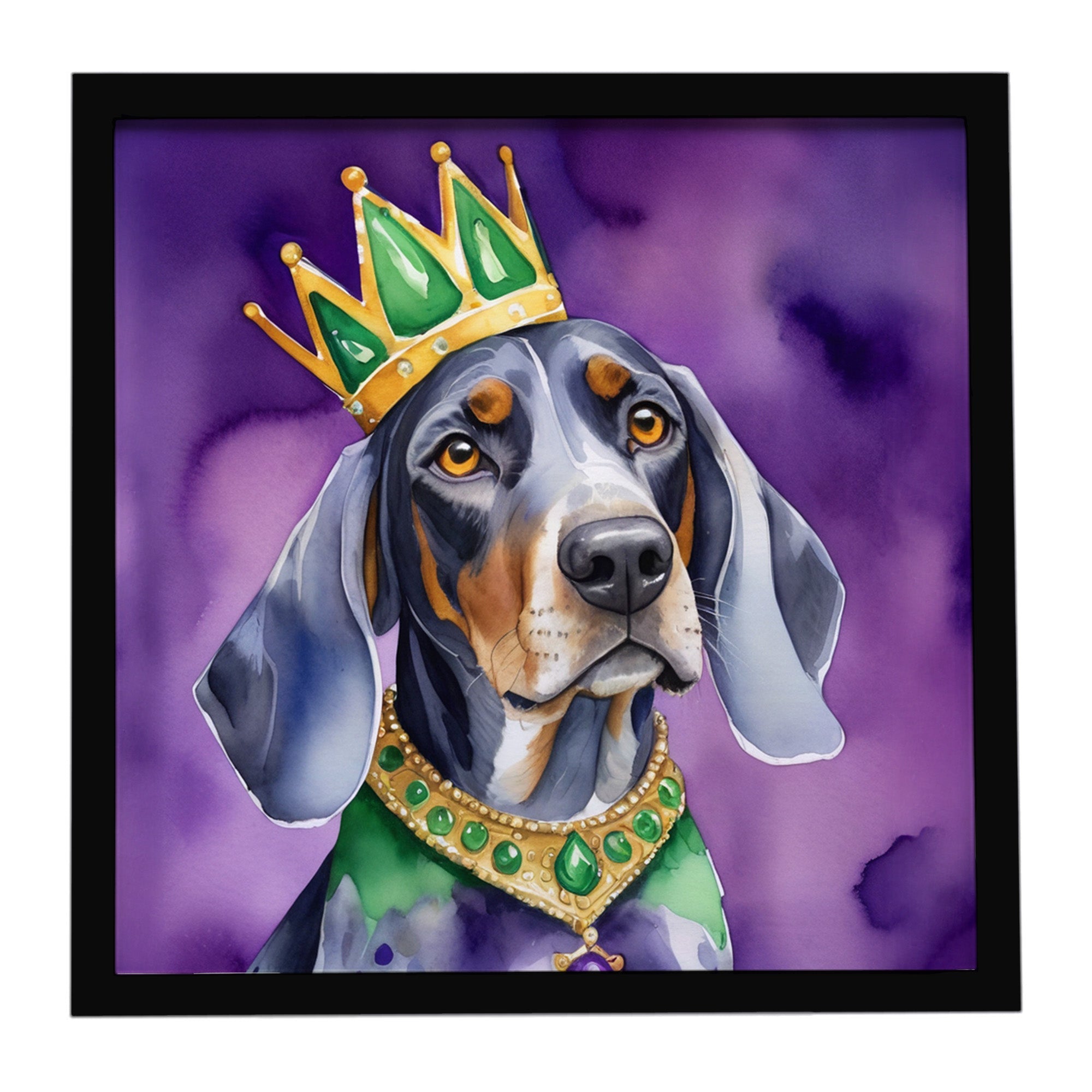 Bluetick Coonhound King of Mardi Gras Framed Metal Print Bathroom, Kitchen, Office, Home Decor Wall Art Ready to Hang, Square, 8X8