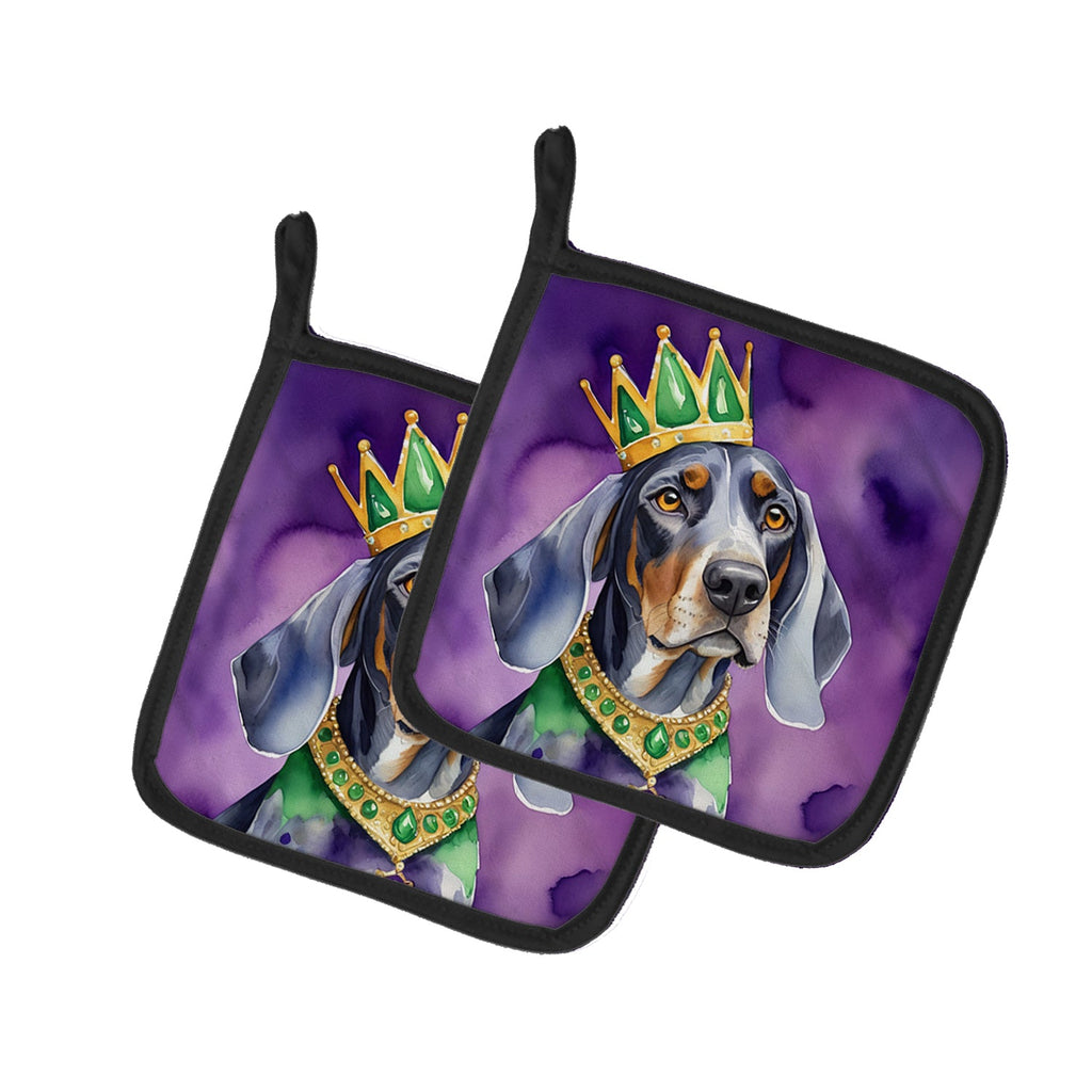 Bluetick Coonhound King of Mardi Gras Pot Holder Set of 2 Heat Resistant Quilted Hot Pads 7.5 x 7.5 Inch, Insulated Kitchen Trivets for Cooking & Baking