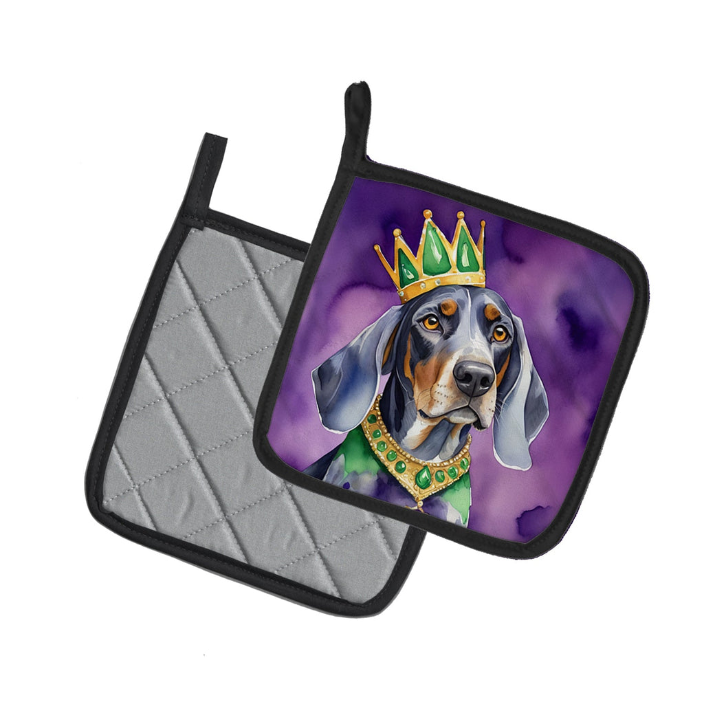 Bluetick Coonhound King of Mardi Gras Pot Holder Set of 2 Heat Resistant Quilted Hot Pads 7.5 x 7.5 Inch, Insulated Kitchen Trivets for Cooking & Baking