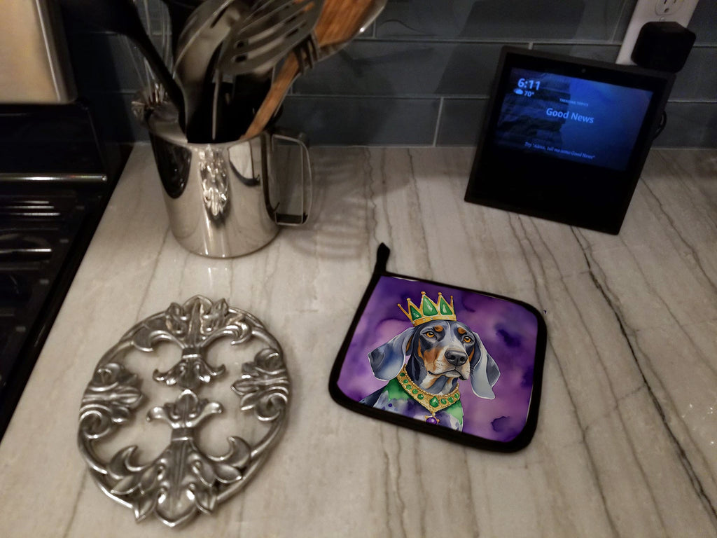Bluetick Coonhound King of Mardi Gras Pot Holder Set of 2 Heat Resistant Quilted Hot Pads 7.5 x 7.5 Inch, Insulated Kitchen Trivets for Cooking & Baking