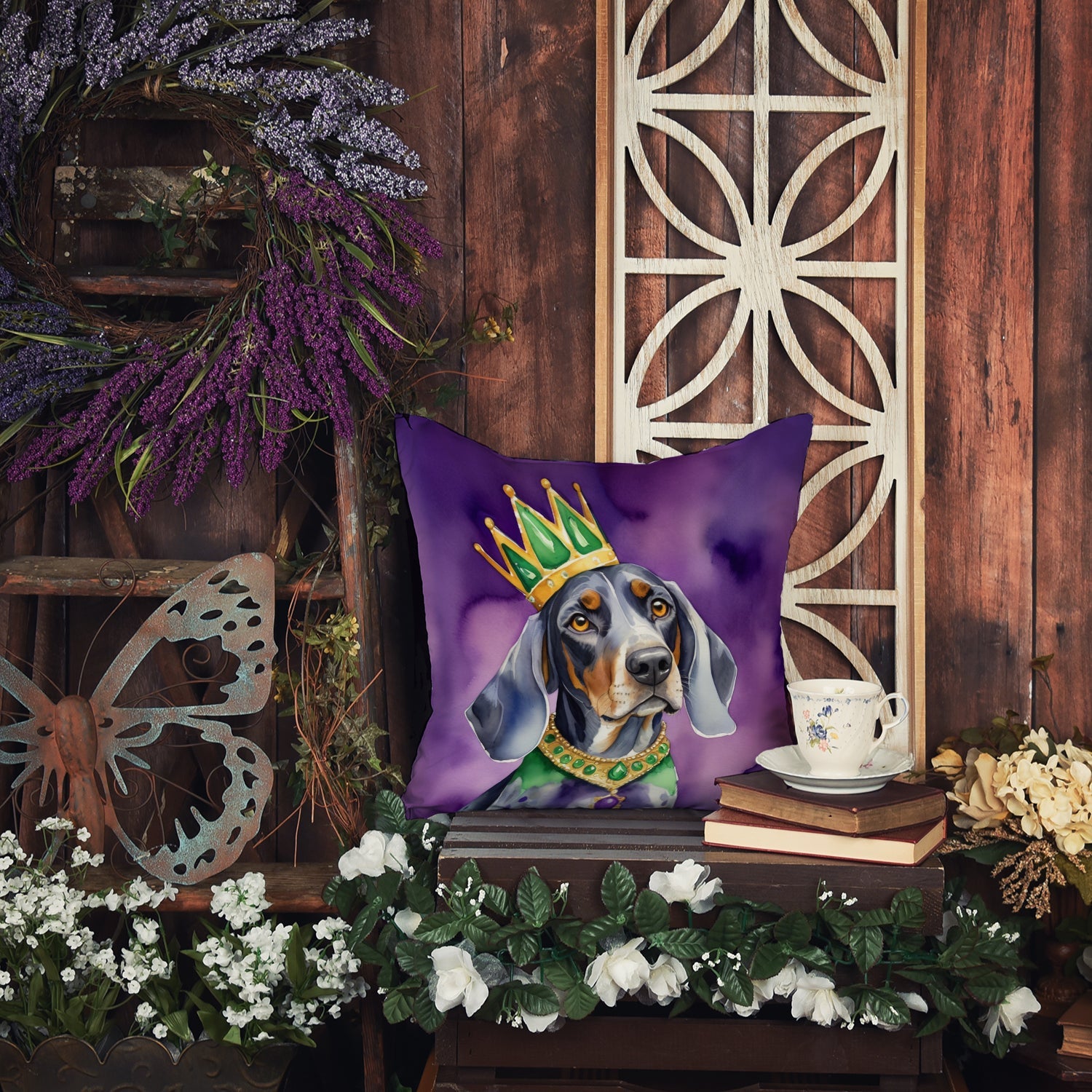 Bluetick Coonhound King of Mardi Gras Decorative Throw Pillow 14x14 Indoor Outdoor Accent Cushion, Fabric Cover with Insert for Sofa, Bed, Porch & Living Room