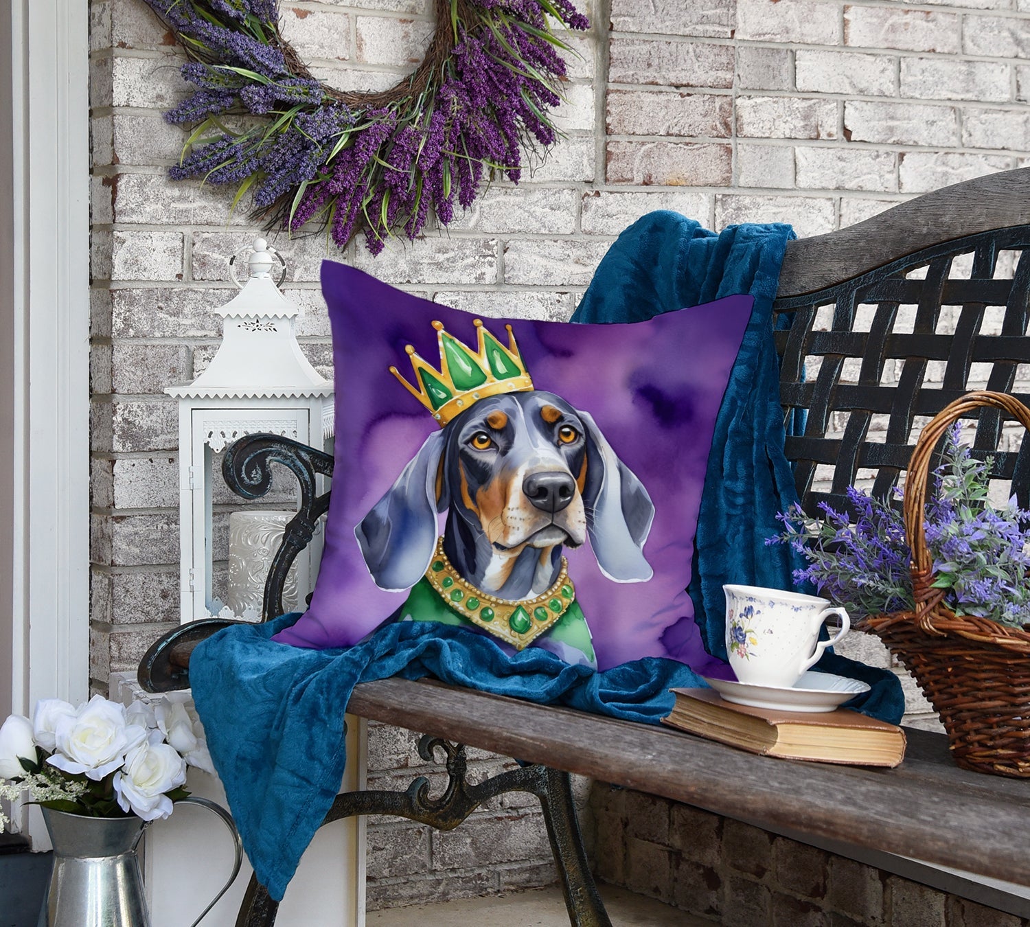 Bluetick Coonhound King of Mardi Gras Decorative Throw Pillow 18x18 Indoor Outdoor Accent Cushion, Fabric Cover with Insert for Sofa, Bed, Porch & Living Room