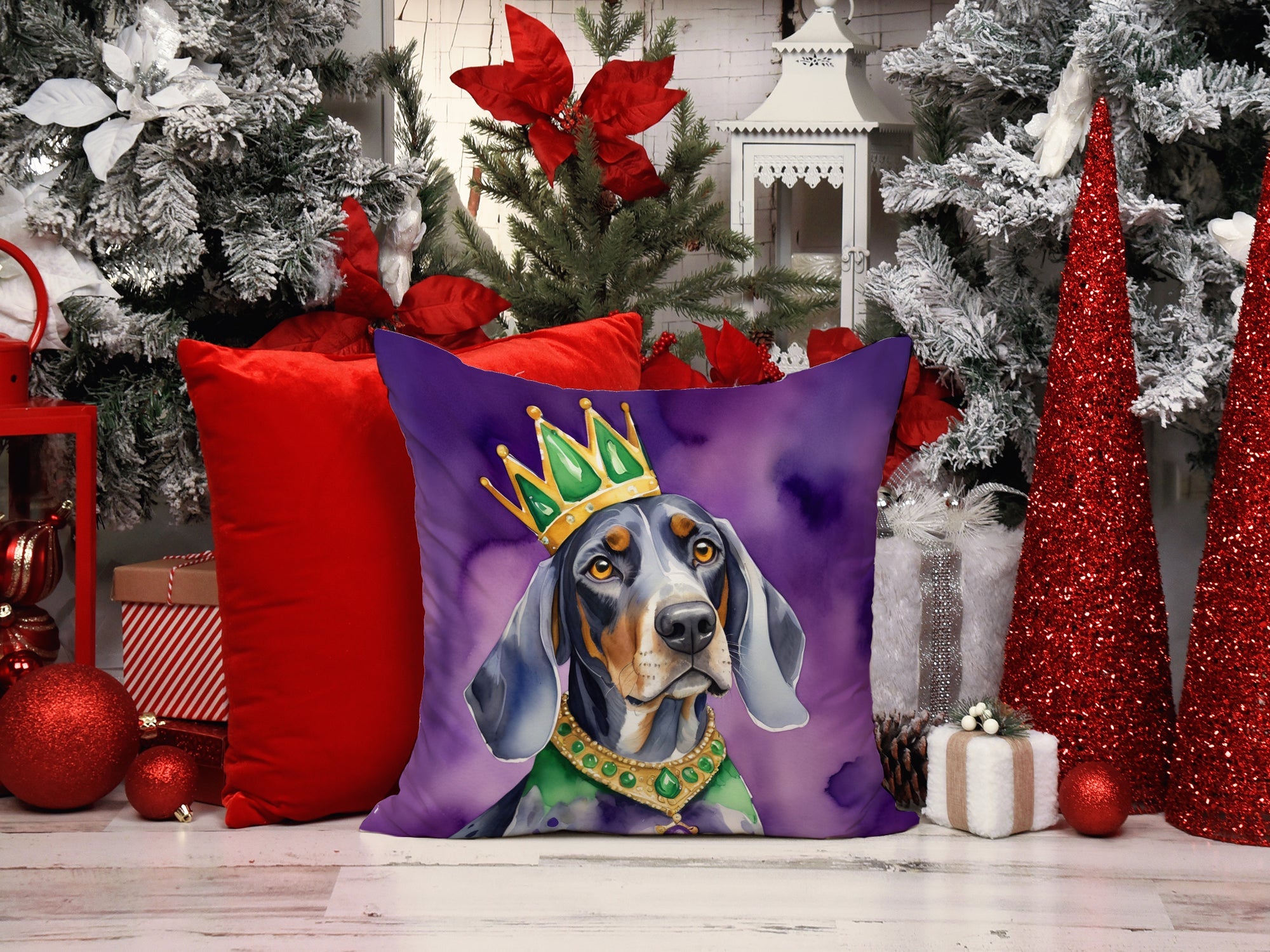 Bluetick Coonhound King of Mardi Gras Decorative Throw Pillow 18x18 Indoor Outdoor Accent Cushion, Fabric Cover with Insert for Sofa, Bed, Porch & Living Room