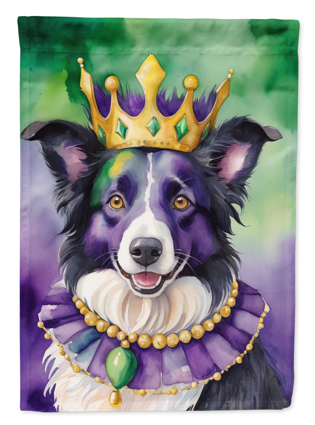 Border Collie King of Mardi Gras House Flag 28x40 Porch Sleeve Pole Decorative Outside Yard Banner Artwork Wall Hanging, Polyester