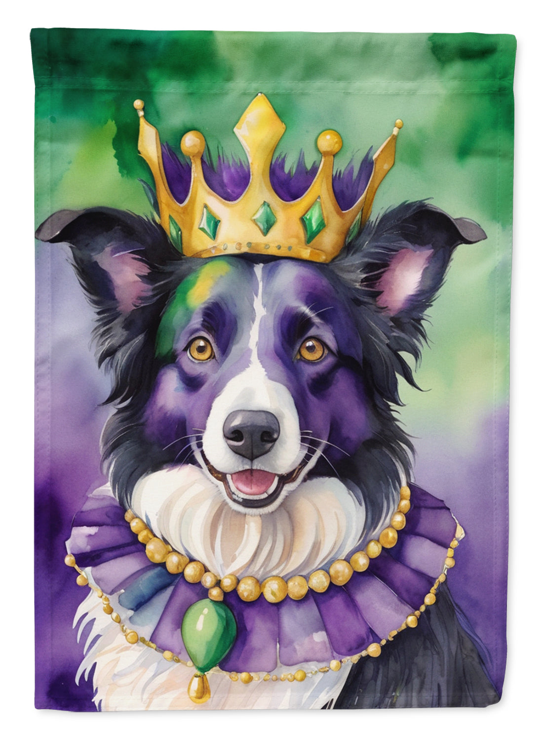 Border Collie King of Mardi Gras House Flag 28x40 Porch Sleeve Pole Decorative Outside Yard Banner Artwork Wall Hanging, Polyester