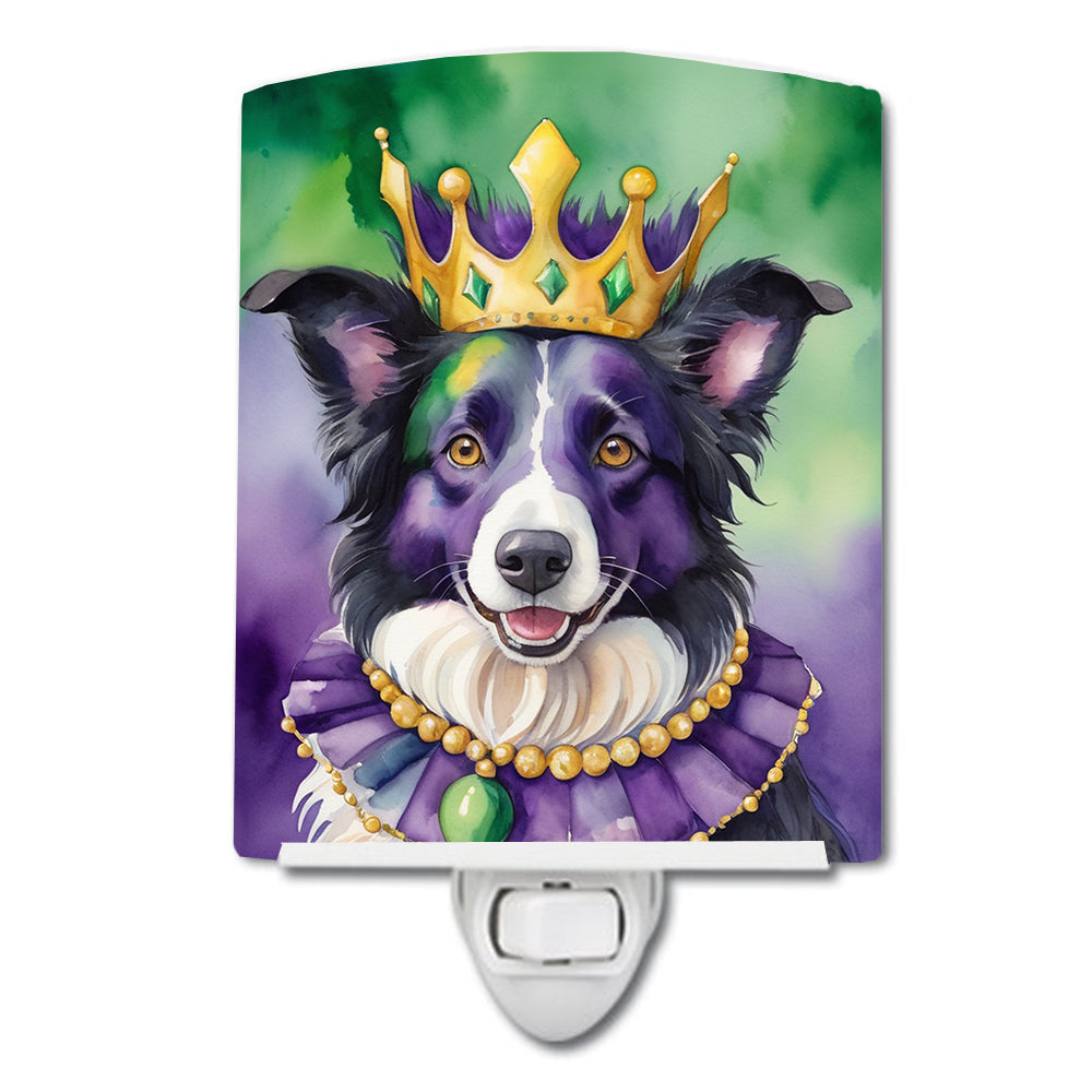 Border Collie King of Mardi Gras Ceramic Night Light Compact, UL-Certified, Ideal for Bedroom, Bathroom, Nursery, Hallway, Kitchen, 6x4x3, Multicolor