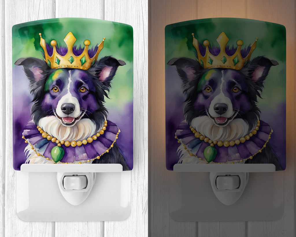 Border Collie King of Mardi Gras Ceramic Night Light Compact, UL-Certified, Ideal for Bedroom, Bathroom, Nursery, Hallway, Kitchen, 6x4x3, Multicolor