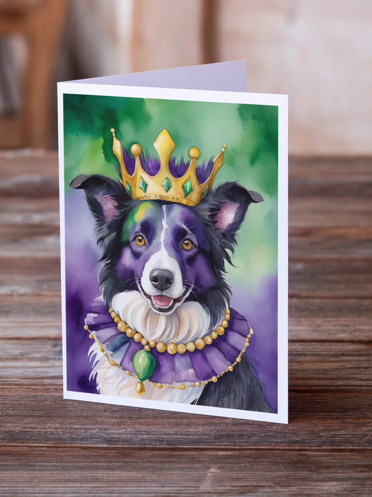 Border Collie King of Mardi Gras Greeting Cards Pack of 8 Blank Cards with Envelopes Whimsical A7 Size 5x7