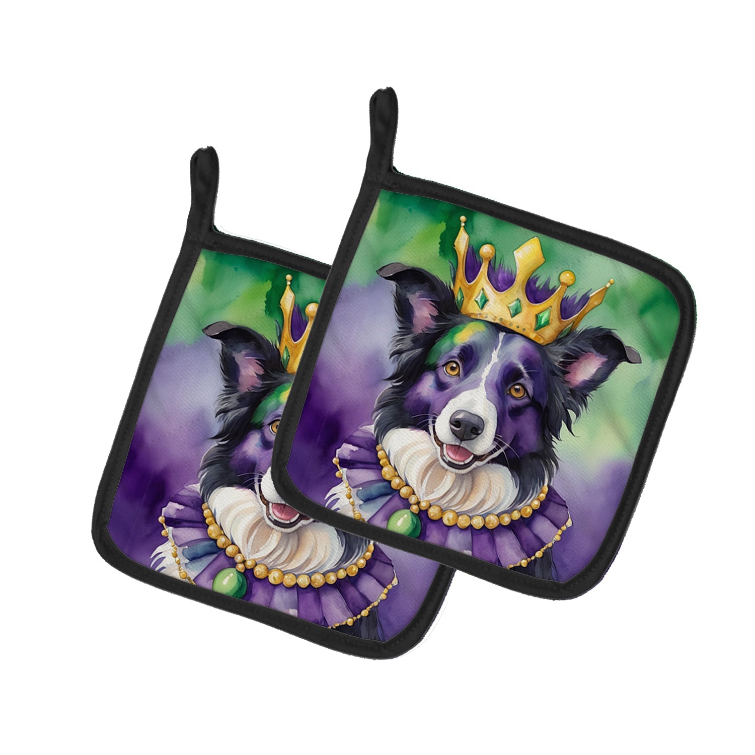 Border Collie King of Mardi Gras Pot Holder Set of 2 Heat Resistant Quilted Hot Pads 7.5 x 7.5 Inch, Insulated Kitchen Trivets for Cooking & Baking