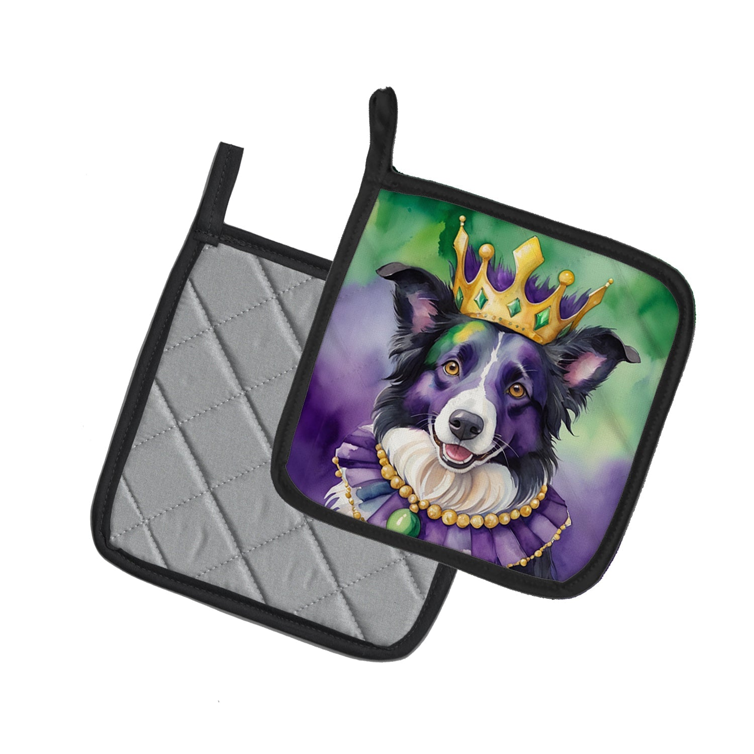 Border Collie King of Mardi Gras Pot Holder Set of 2 Heat Resistant Quilted Hot Pads 7.5 x 7.5 Inch, Insulated Kitchen Trivets for Cooking & Baking