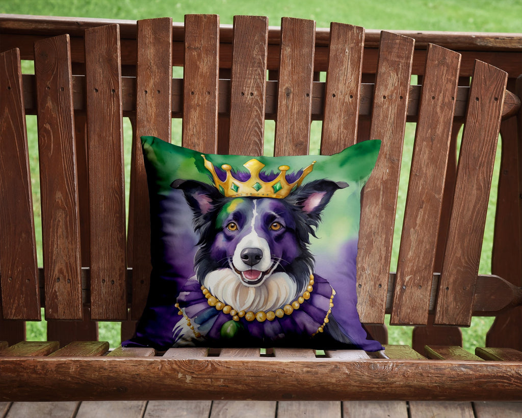 Border Collie King of Mardi Gras Decorative Throw Pillow 14x14 Indoor Outdoor Accent Cushion, Fabric Cover with Insert for Sofa, Bed, Porch & Living Room