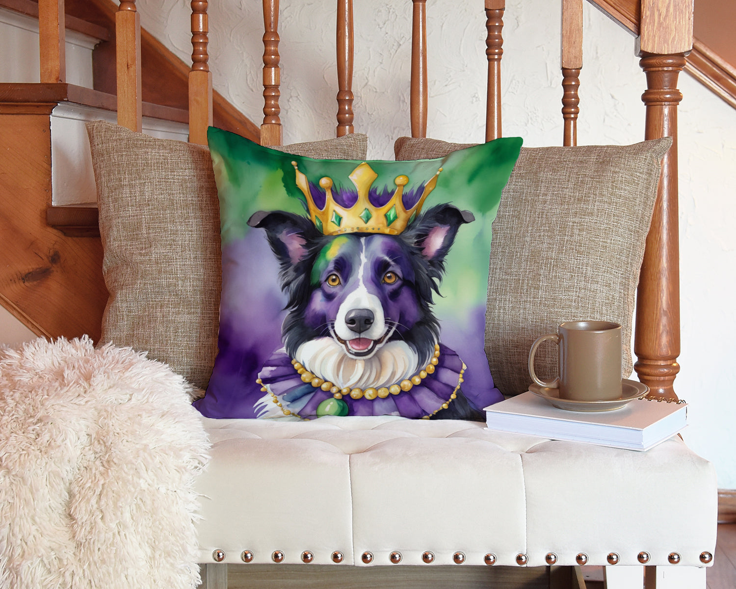 Border Collie King of Mardi Gras Decorative Throw Pillow 14x14 Indoor Outdoor Accent Cushion, Fabric Cover with Insert for Sofa, Bed, Porch & Living Room