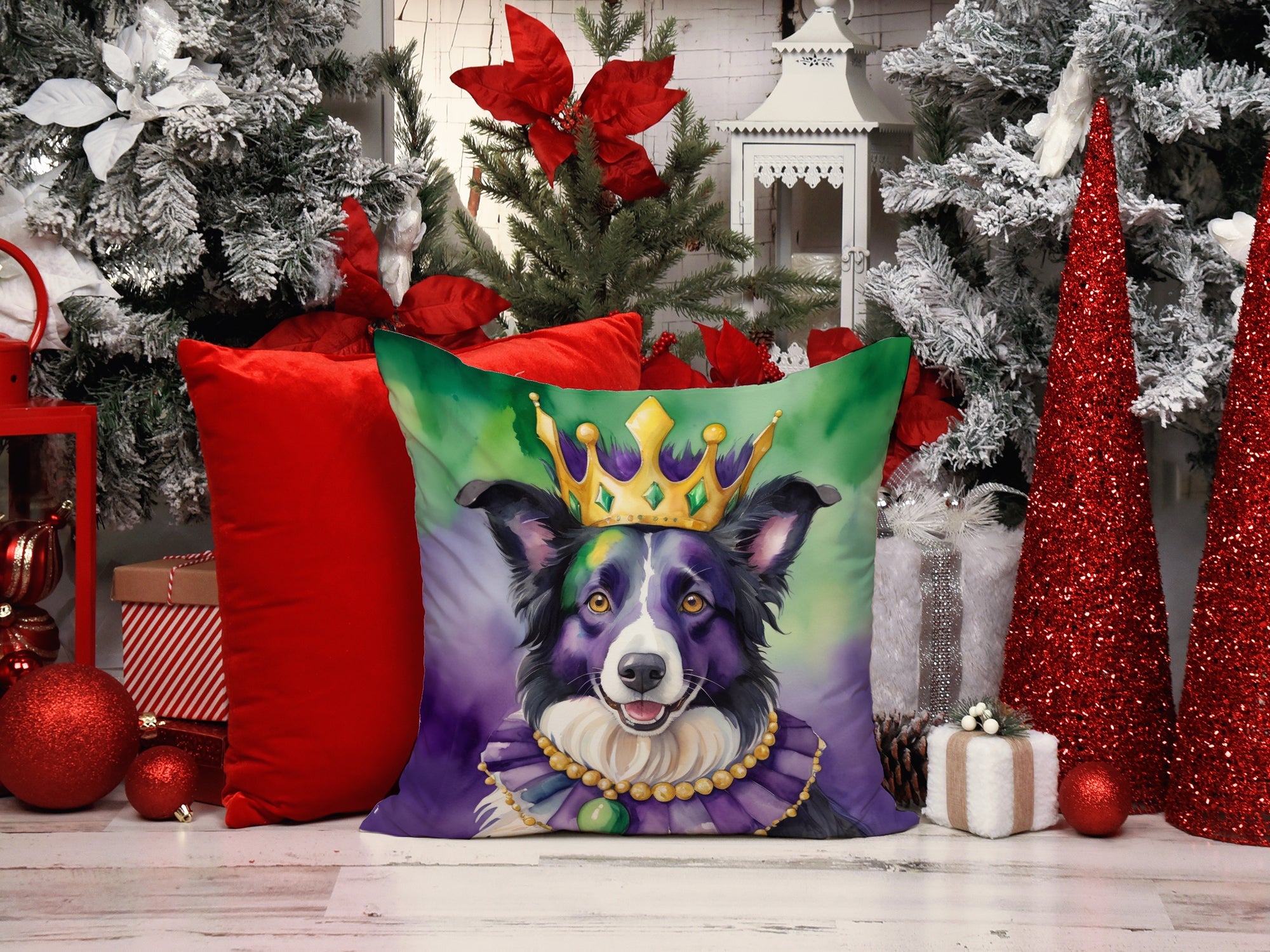 Border Collie King of Mardi Gras Decorative Throw Pillow 14x14 Indoor Outdoor Accent Cushion, Fabric Cover with Insert for Sofa, Bed, Porch & Living Room