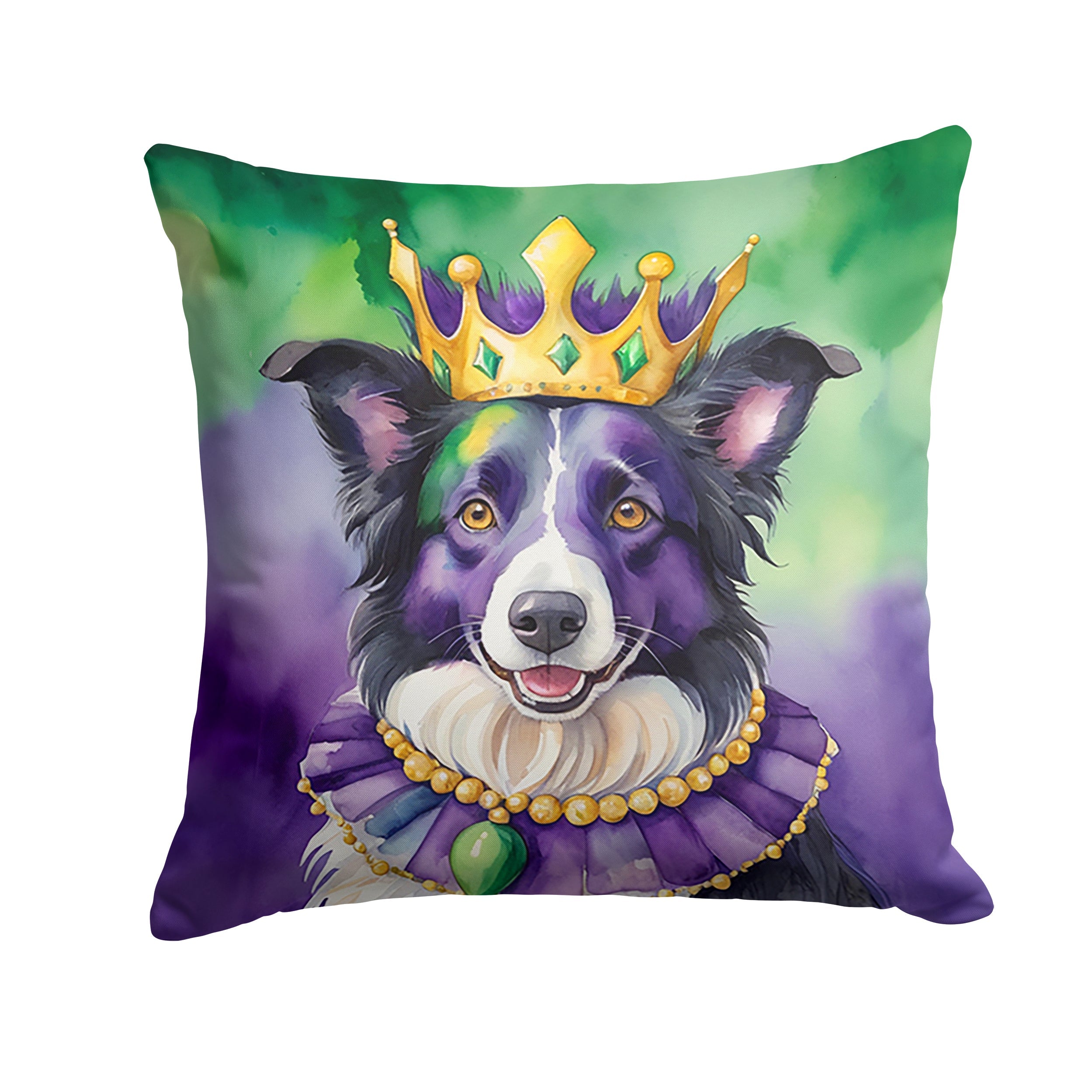 Border Collie King of Mardi Gras Decorative Throw Pillow 18x18 Indoor Outdoor Accent Cushion, Fabric Cover with Insert for Sofa, Bed, Porch & Living Room