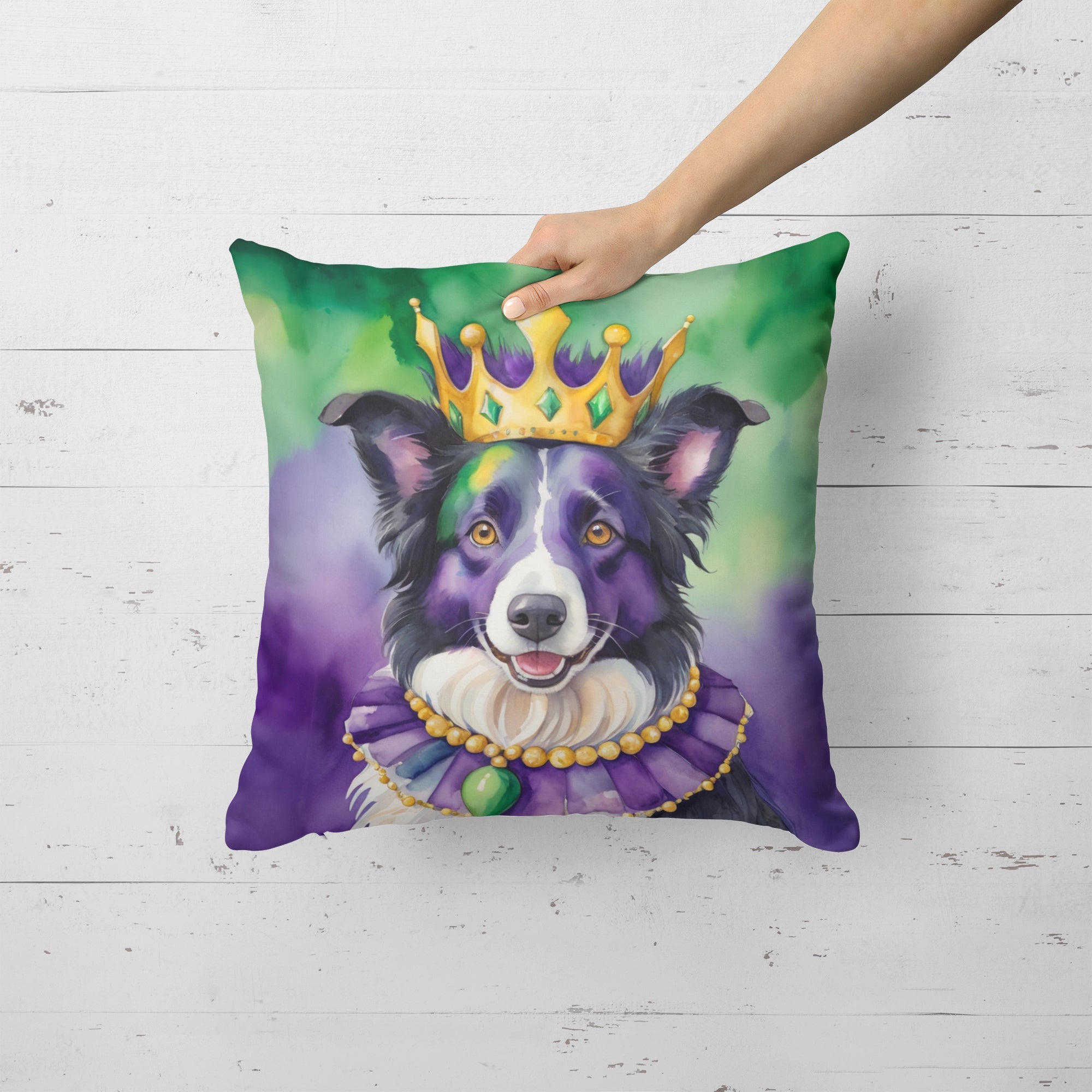 Border Collie King of Mardi Gras Decorative Throw Pillow 18x18 Indoor Outdoor Accent Cushion, Fabric Cover with Insert for Sofa, Bed, Porch & Living Room