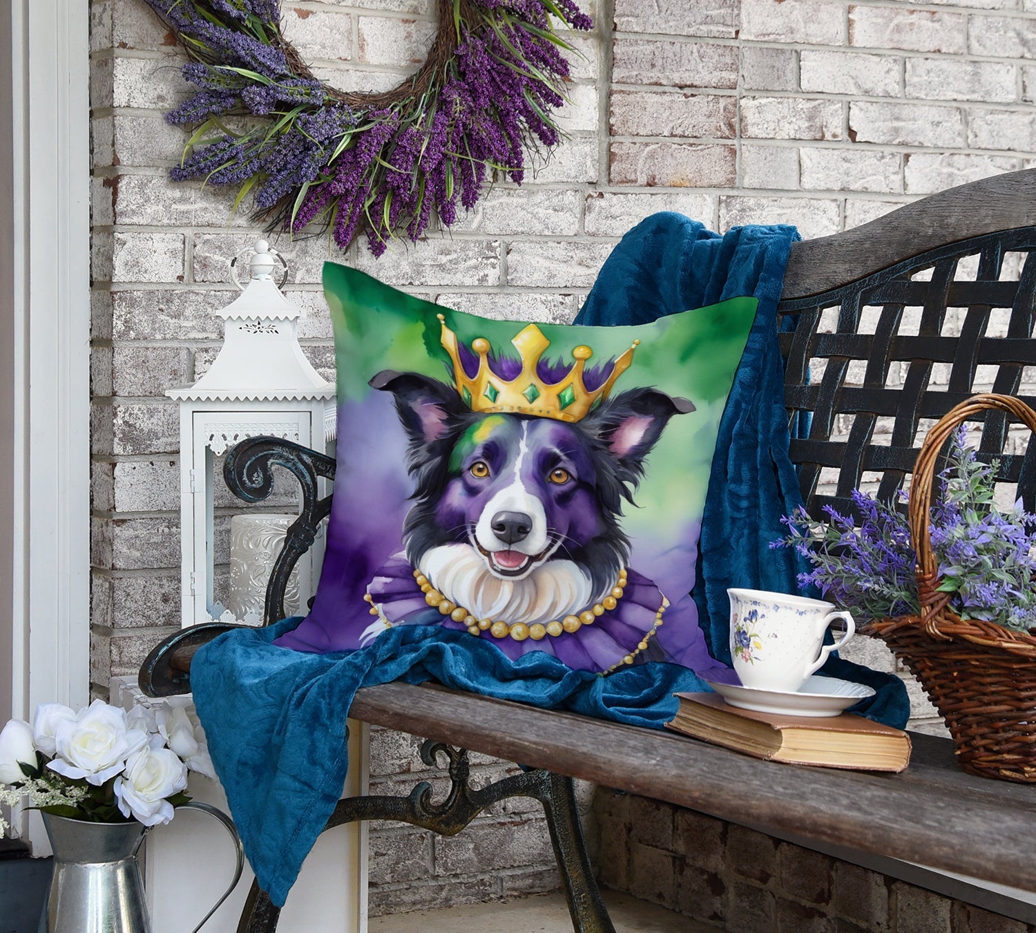 Border Collie King of Mardi Gras Decorative Throw Pillow 18x18 Indoor Outdoor Accent Cushion, Fabric Cover with Insert for Sofa, Bed, Porch & Living Room
