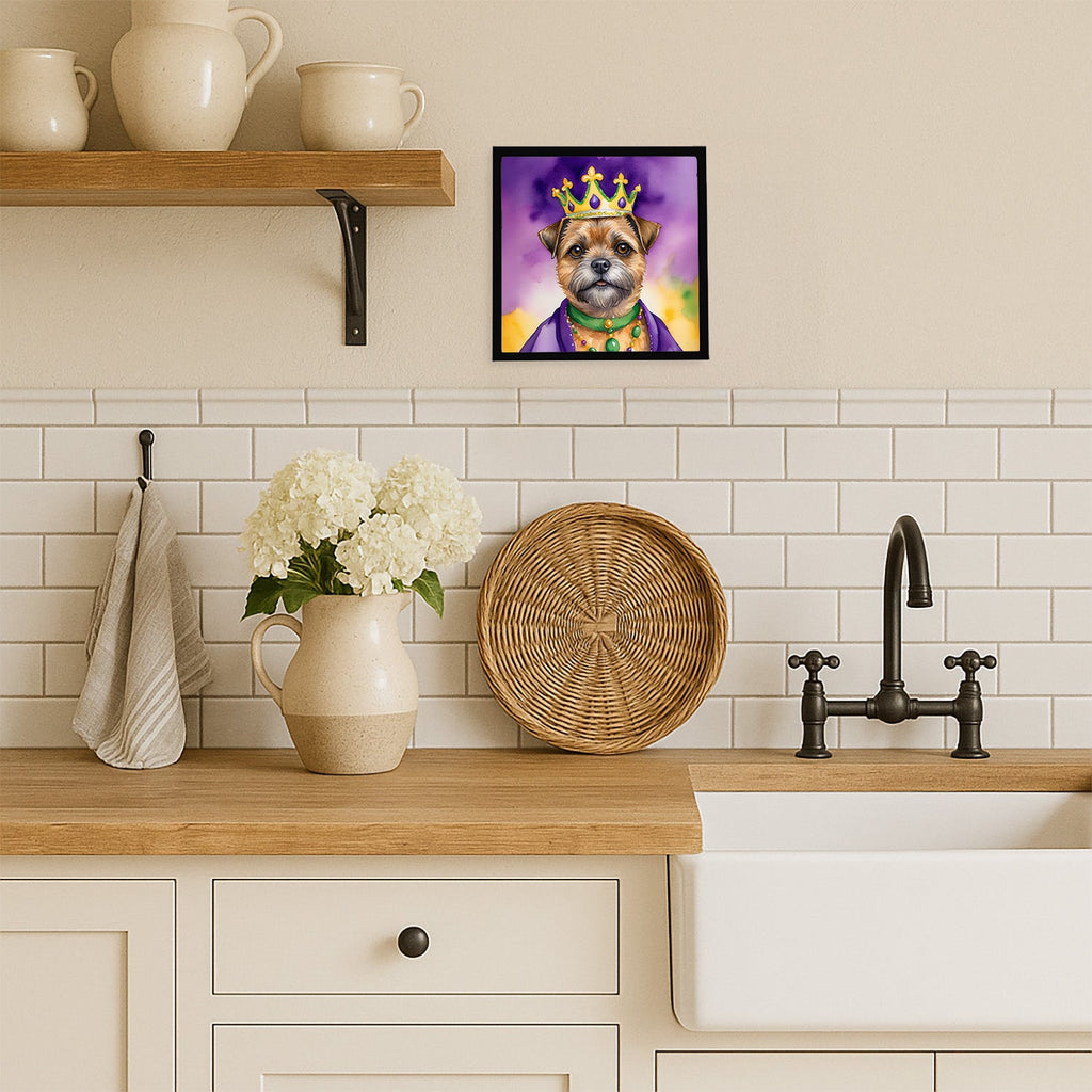 Border Terrier King of Mardi Gras Framed Metal Print Bathroom, Kitchen, Office, Home Decor Wall Art Ready to Hang, Square, 8X8