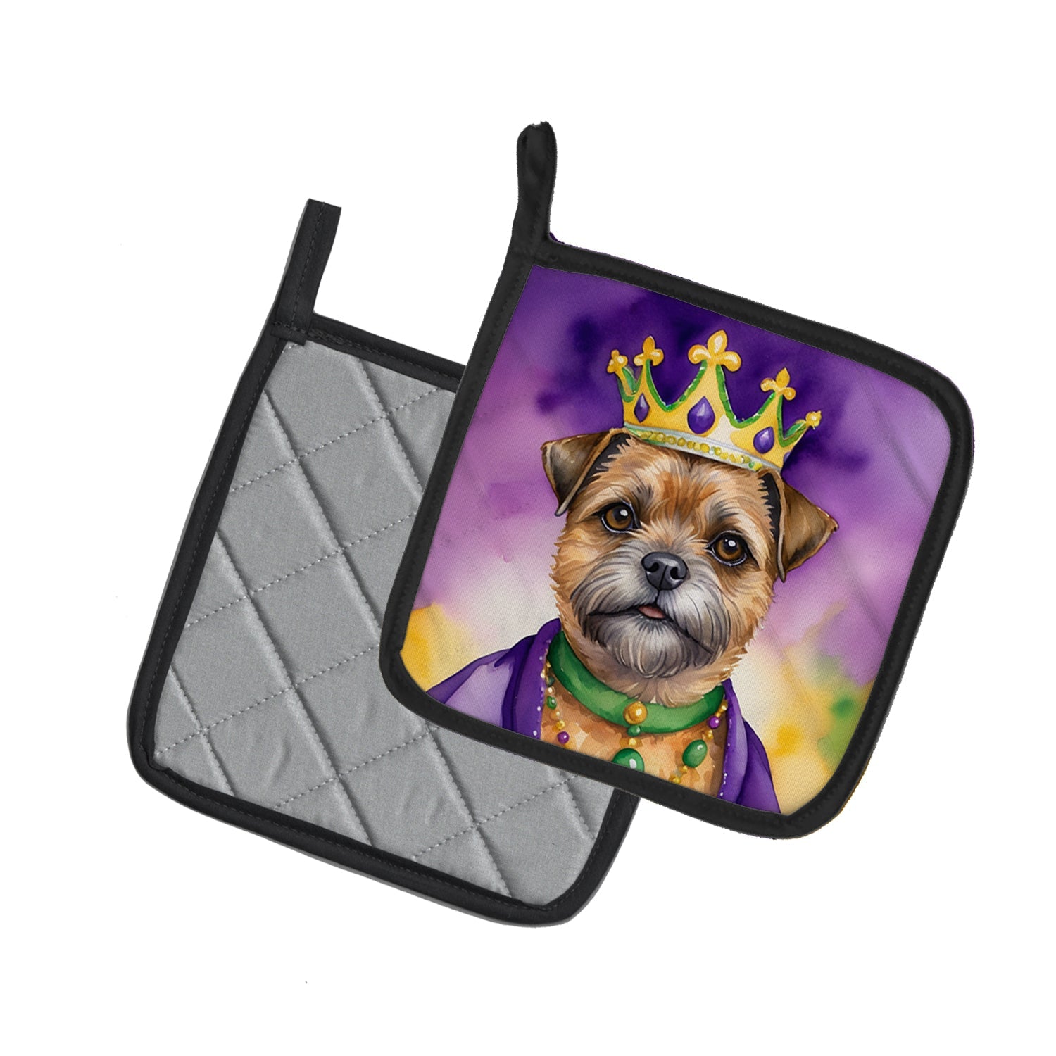 Border Terrier King of Mardi Gras Pot Holder Set of 2 Heat Resistant Quilted Hot Pads 7.5 x 7.5 Inch, Insulated Kitchen Trivets for Cooking & Baking