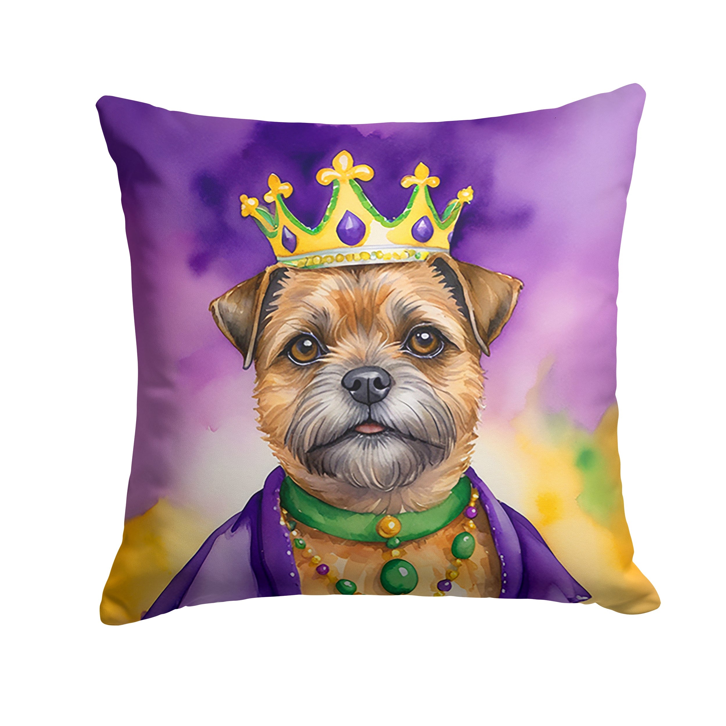 Border Terrier King of Mardi Gras Decorative Throw Pillow 14x14 Indoor Outdoor Accent Cushion, Fabric Cover with Insert for Sofa, Bed, Porch & Living Room