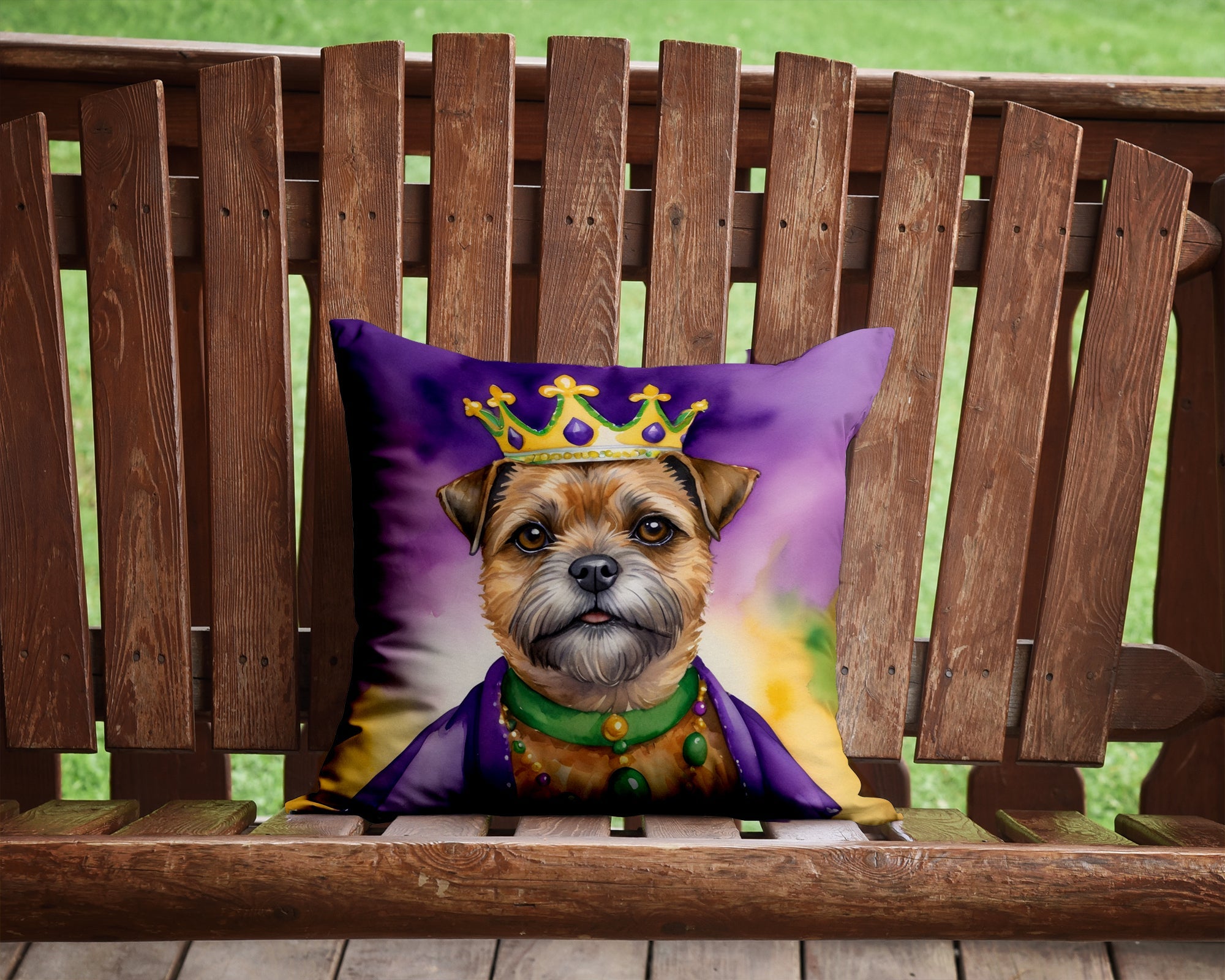 Border Terrier King of Mardi Gras Decorative Throw Pillow 14x14 Indoor Outdoor Accent Cushion, Fabric Cover with Insert for Sofa, Bed, Porch & Living Room