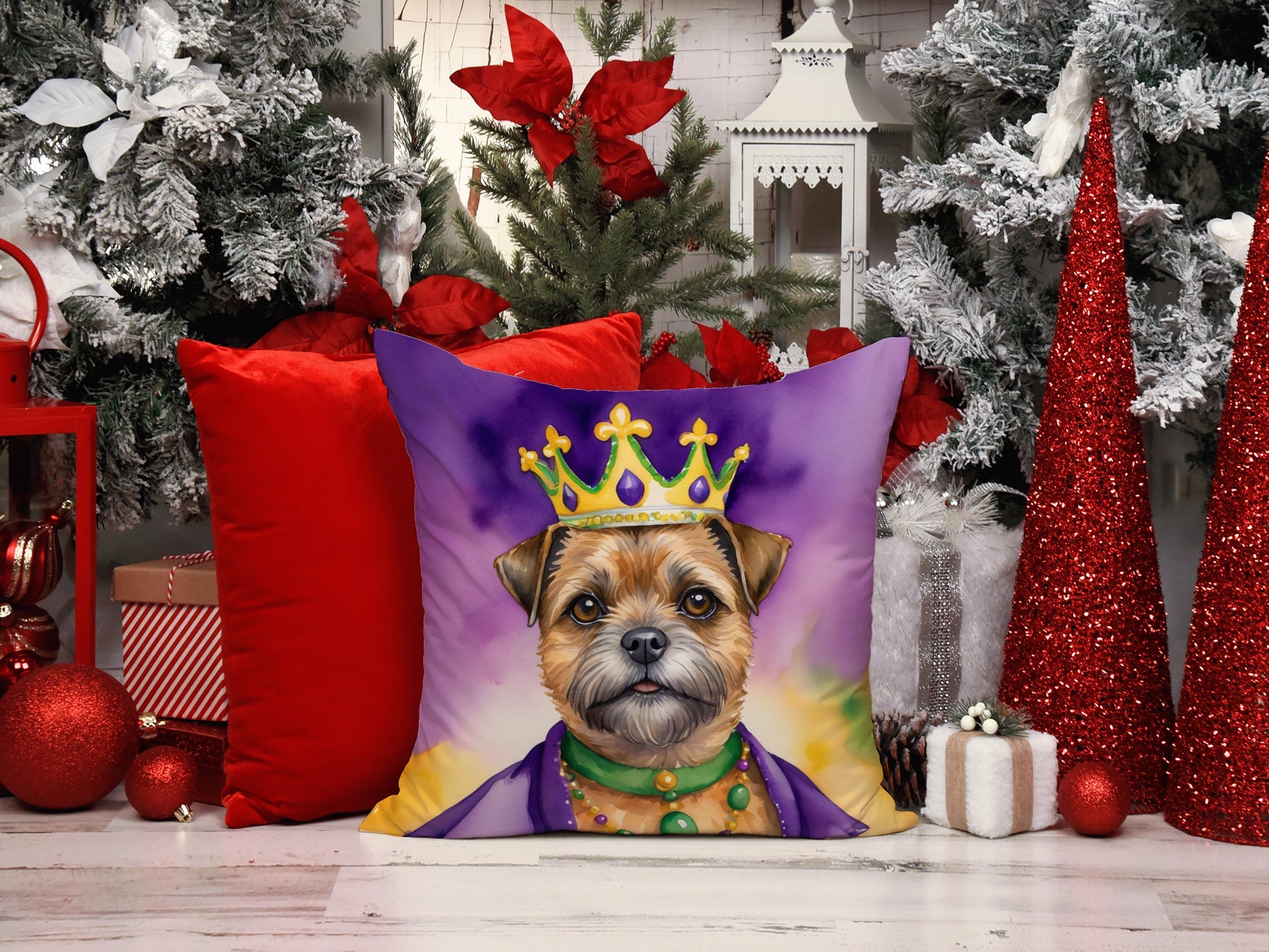 Border Terrier King of Mardi Gras Decorative Throw Pillow 14x14 Indoor Outdoor Accent Cushion, Fabric Cover with Insert for Sofa, Bed, Porch & Living Room