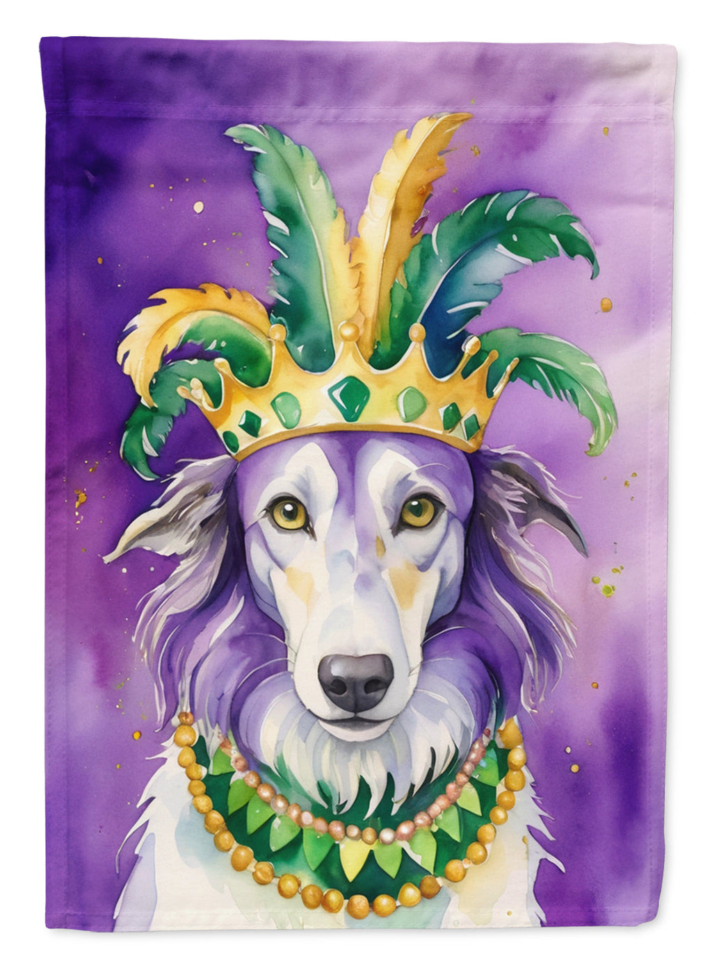 Borzoi King of Mardi Gras House Flag 28x40 Porch Sleeve Pole Decorative Outside Yard Banner Artwork Wall Hanging, Polyester