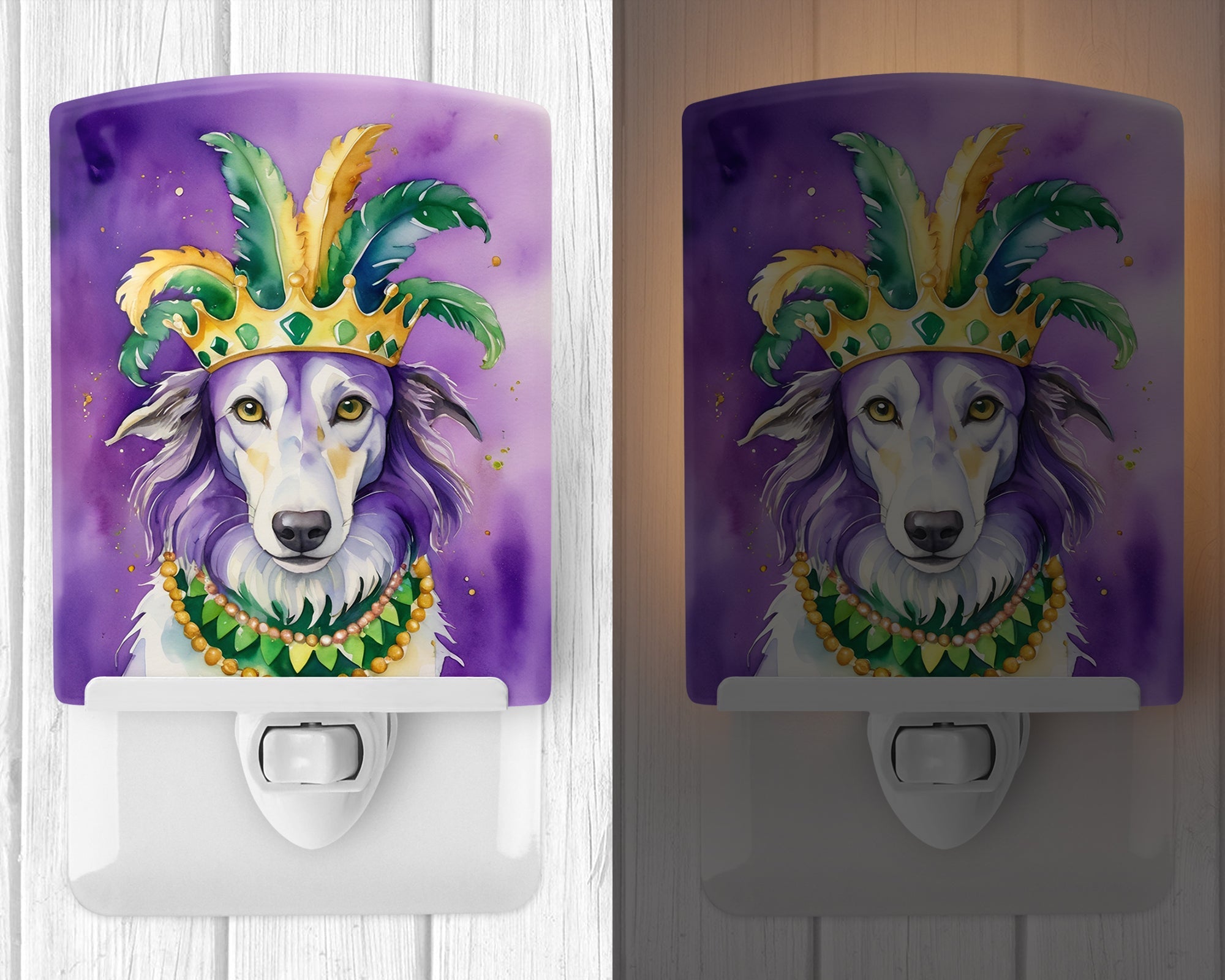 Borzoi King of Mardi Gras Ceramic Night Light Compact, UL-Certified, Ideal for Bedroom, Bathroom, Nursery, Hallway, Kitchen, 6x4x3, Multicolor