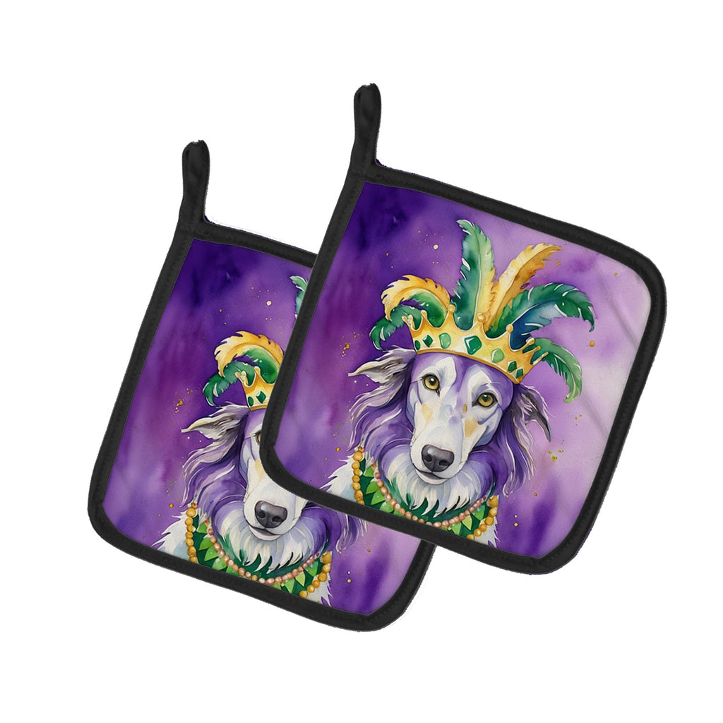 Borzoi King of Mardi Gras Pot Holder Set of 2 Heat Resistant Quilted Hot Pads 7.5 x 7.5 Inch, Insulated Kitchen Trivets for Cooking & Baking