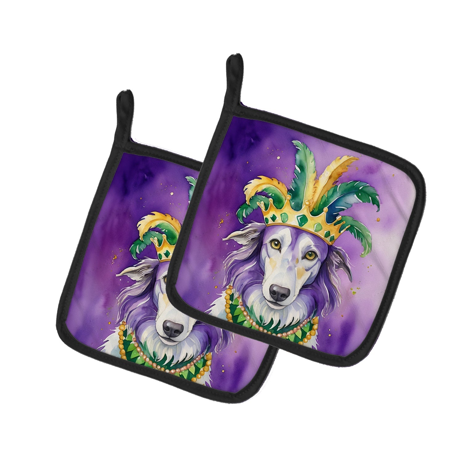 Borzoi King of Mardi Gras Pot Holder Set of 2 Heat Resistant Quilted Hot Pads 7.5 x 7.5 Inch, Insulated Kitchen Trivets for Cooking & Baking
