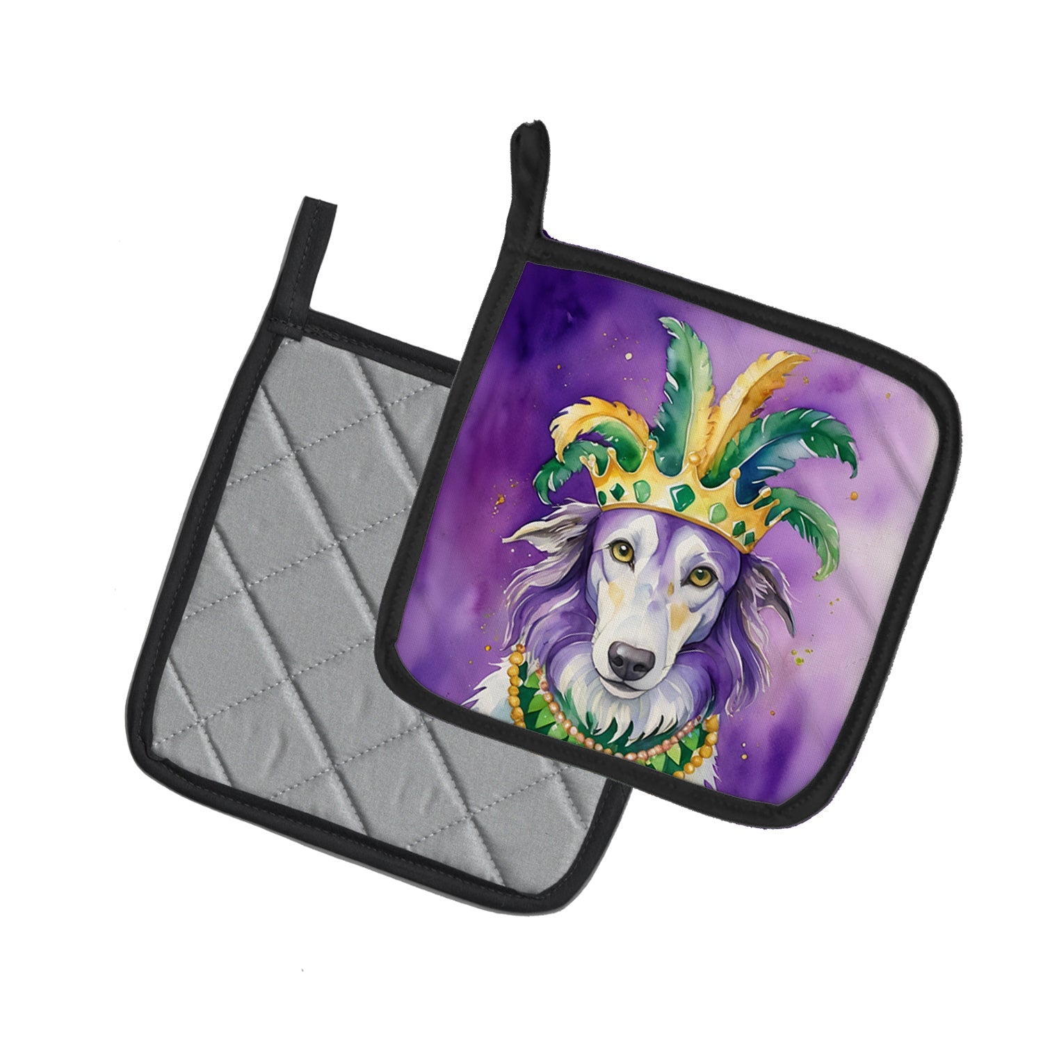 Borzoi King of Mardi Gras Pot Holder Set of 2 Heat Resistant Quilted Hot Pads 7.5 x 7.5 Inch, Insulated Kitchen Trivets for Cooking & Baking