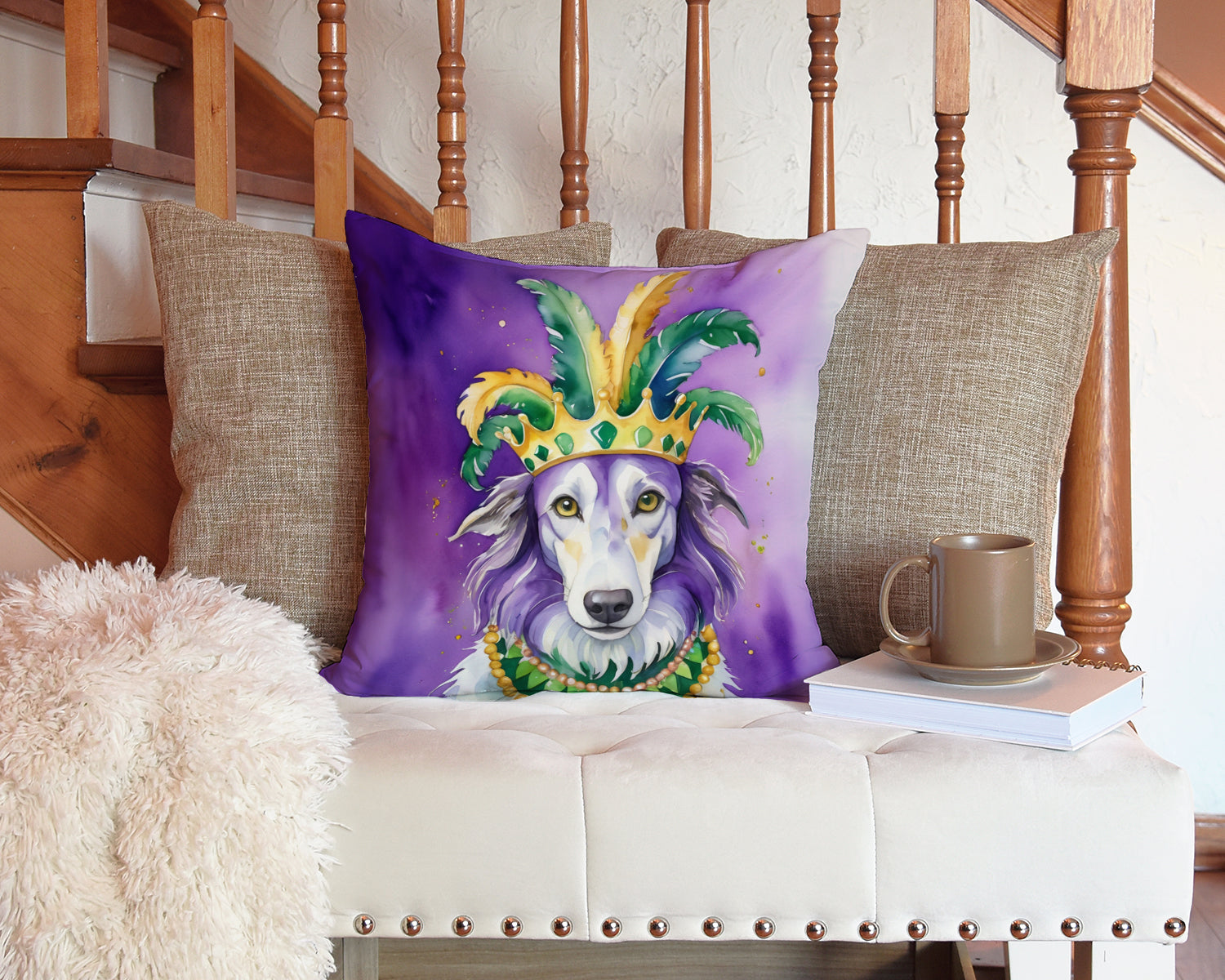 Borzoi King of Mardi Gras Decorative Throw Pillow 14x14 Indoor Outdoor Accent Cushion, Fabric Cover with Insert for Sofa, Bed, Porch & Living Room
