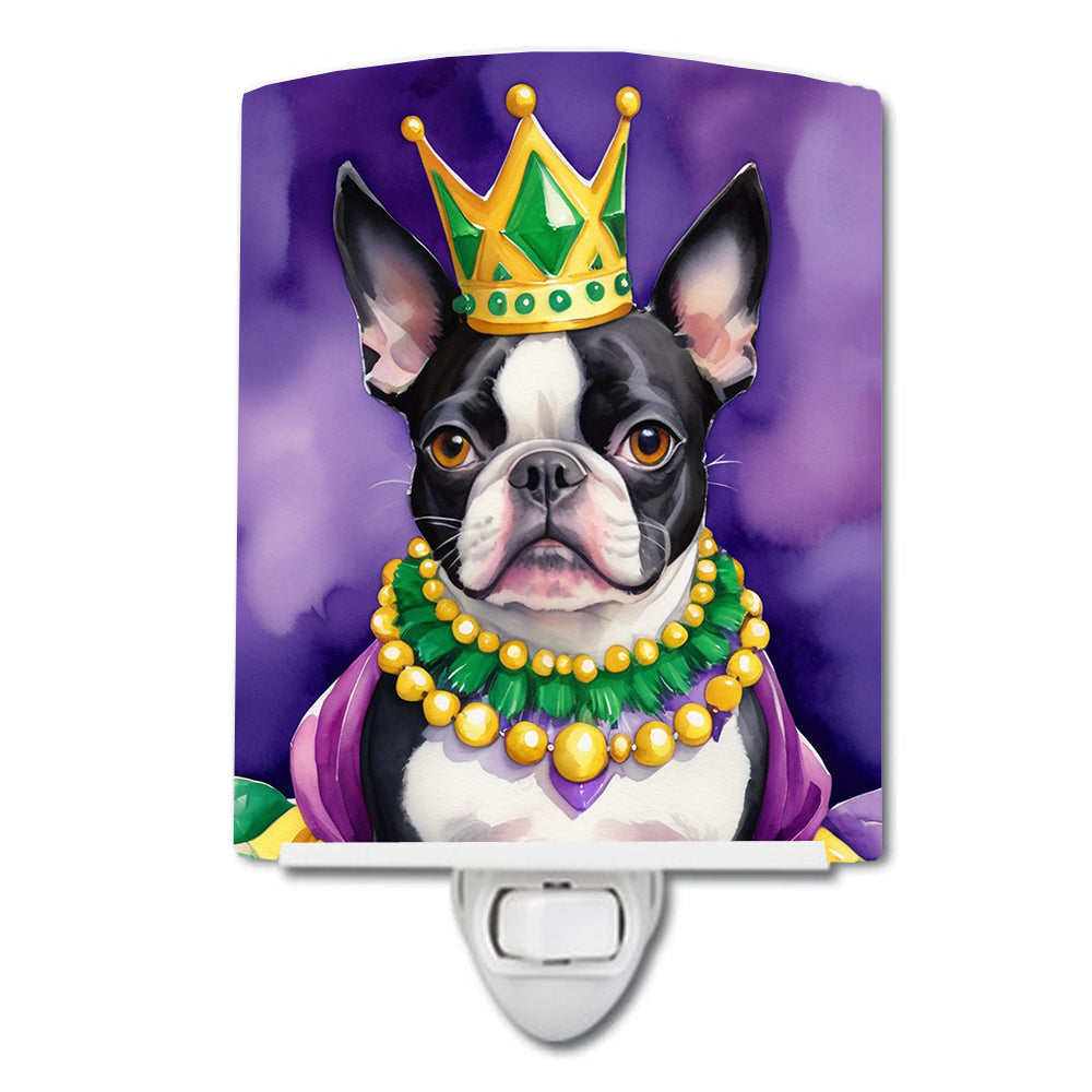 Boston Terrier King of Mardi Gras Ceramic Night Light Compact, UL-Certified, Ideal for Bedroom, Bathroom, Nursery, Hallway, Kitchen, 6x4x3, Multicolor