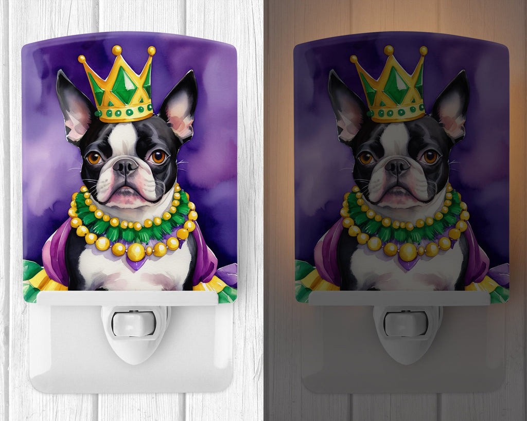 Boston Terrier King of Mardi Gras Ceramic Night Light Compact, UL-Certified, Ideal for Bedroom, Bathroom, Nursery, Hallway, Kitchen, 6x4x3, Multicolor