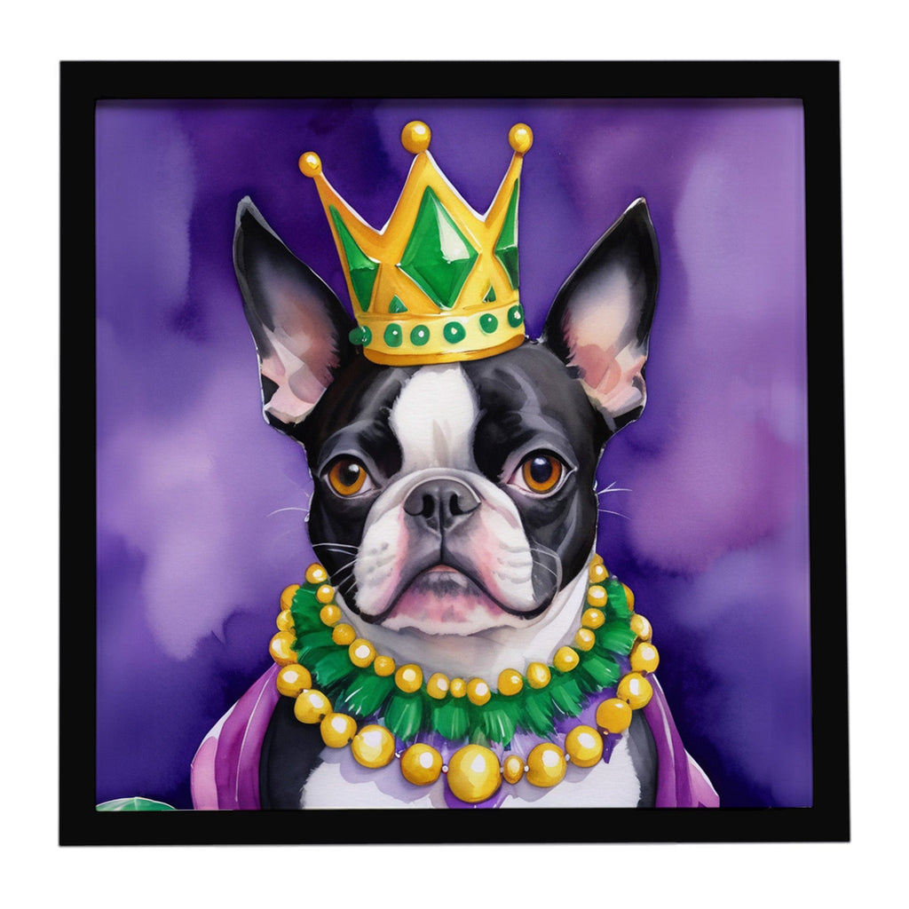 Boston Terrier King of Mardi Gras Framed Metal Print Bathroom, Kitchen, Office, Home Decor Wall Art Ready to Hang, Square, 8X8