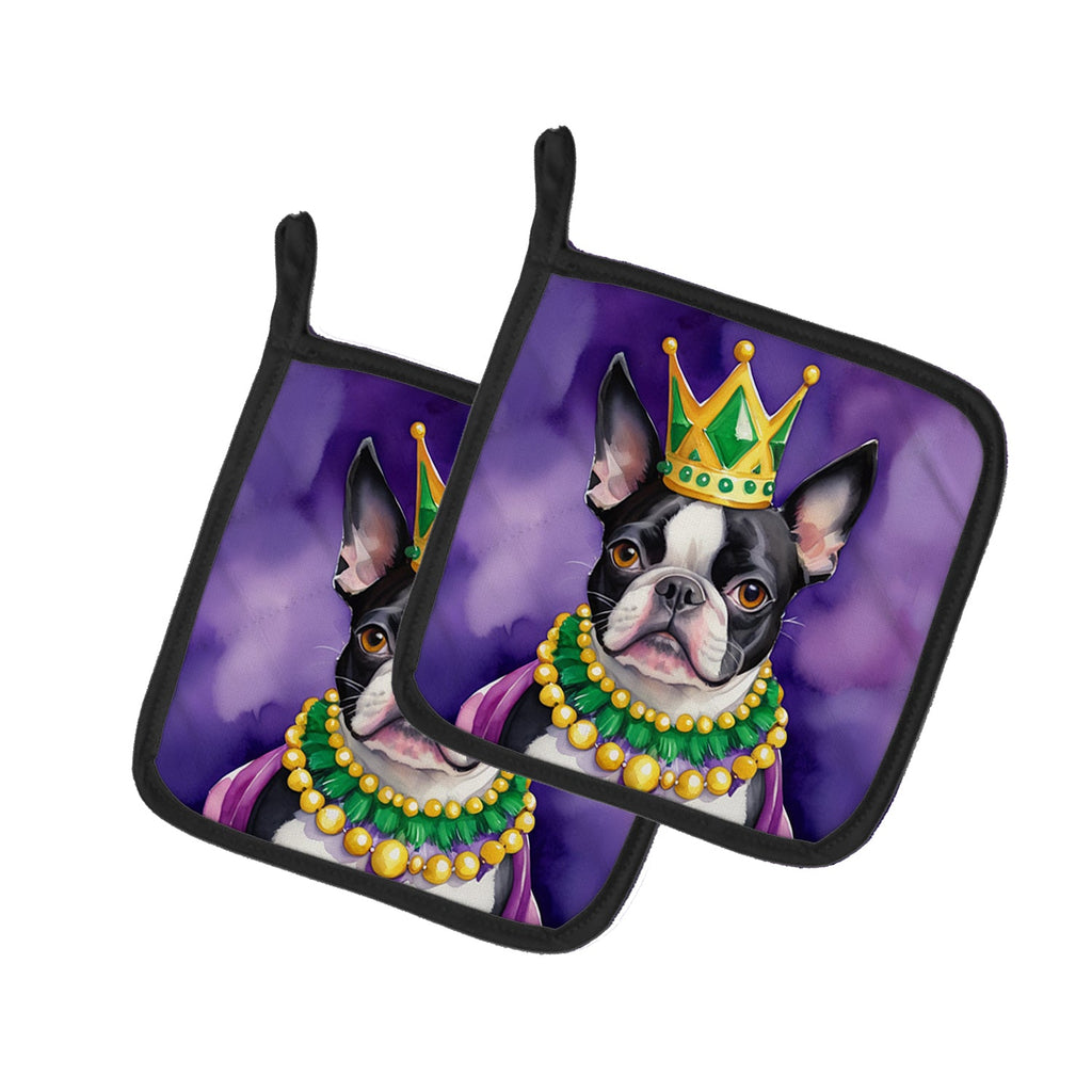 Boston Terrier King of Mardi Gras Pot Holder Set of 2 Heat Resistant Quilted Hot Pads 7.5 x 7.5 Inch, Insulated Kitchen Trivets for Cooking & Baking