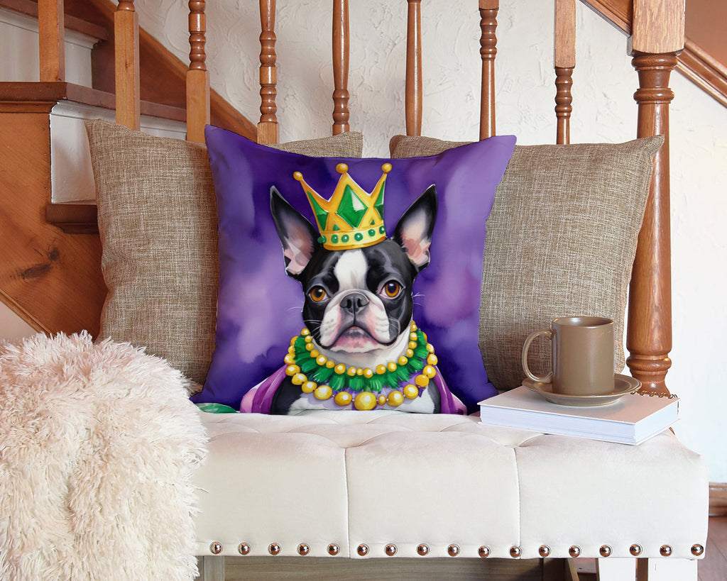 Boston Terrier King of Mardi Gras Decorative Throw Pillow 14x14 Indoor Outdoor Accent Cushion, Fabric Cover with Insert for Sofa, Bed, Porch & Living Room