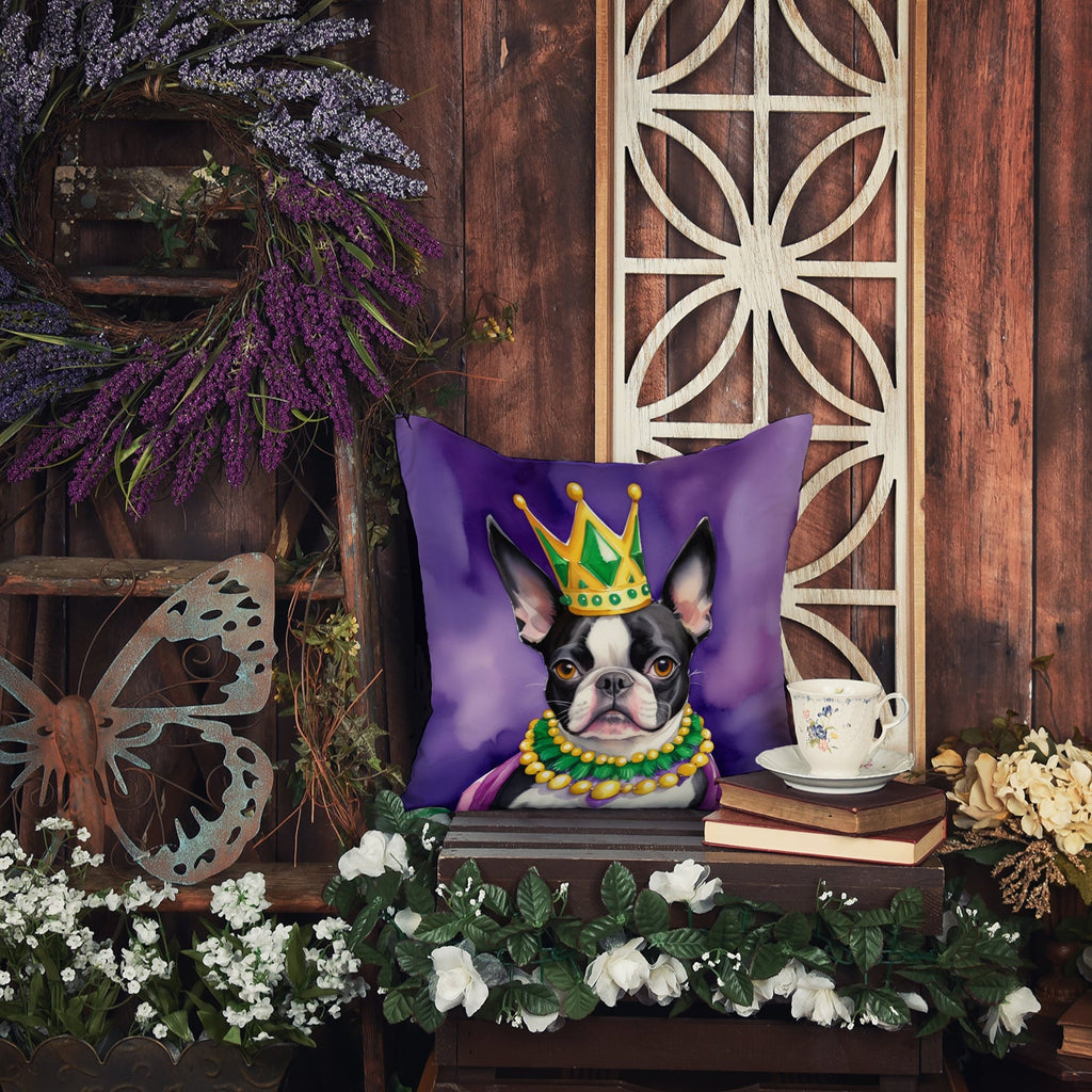 Boston Terrier King of Mardi Gras Decorative Throw Pillow 14x14 Indoor Outdoor Accent Cushion, Fabric Cover with Insert for Sofa, Bed, Porch & Living Room