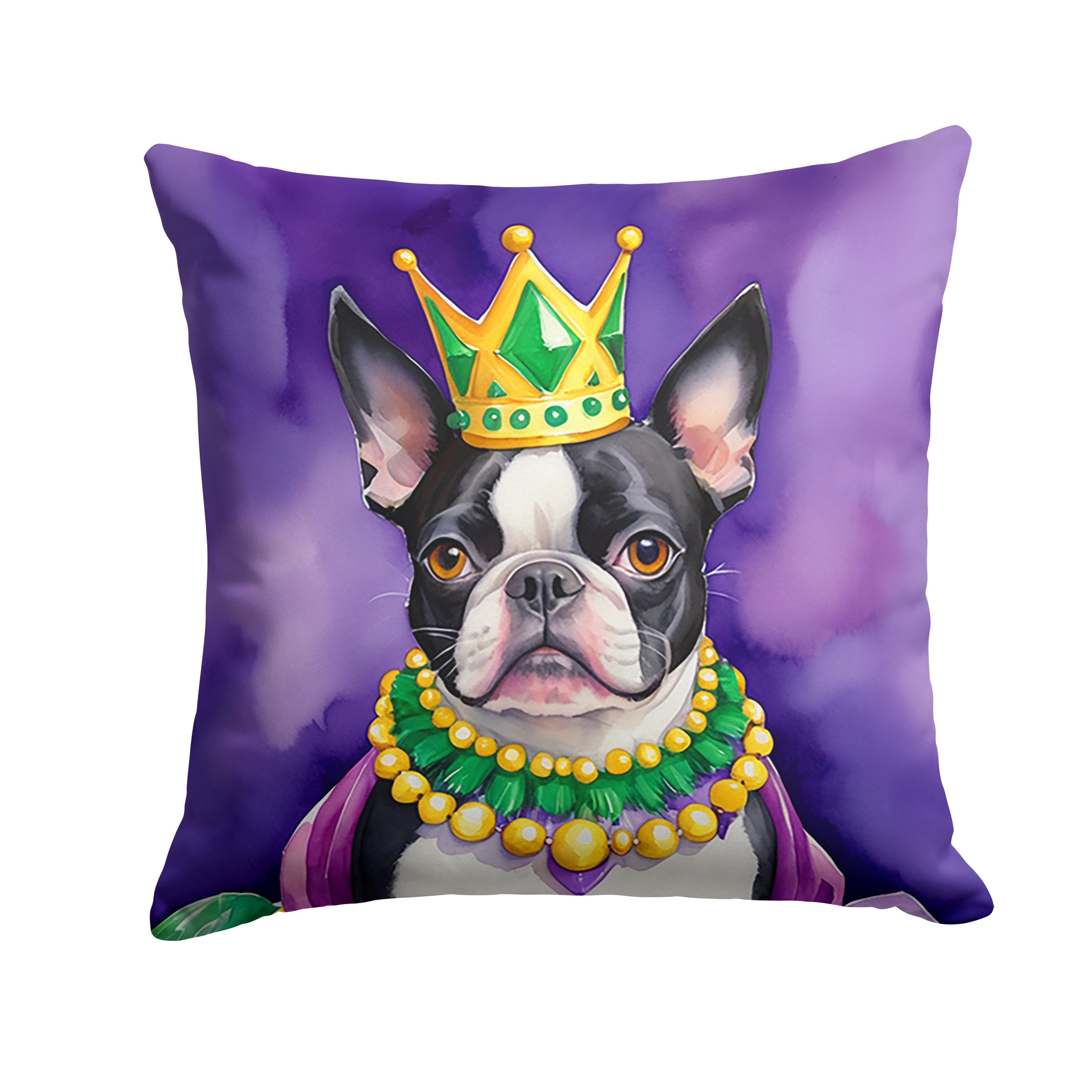 Boston Terrier King of Mardi Gras Decorative Throw Pillow 18x18 Indoor Outdoor Accent Cushion, Fabric Cover with Insert for Sofa, Bed, Porch & Living Room