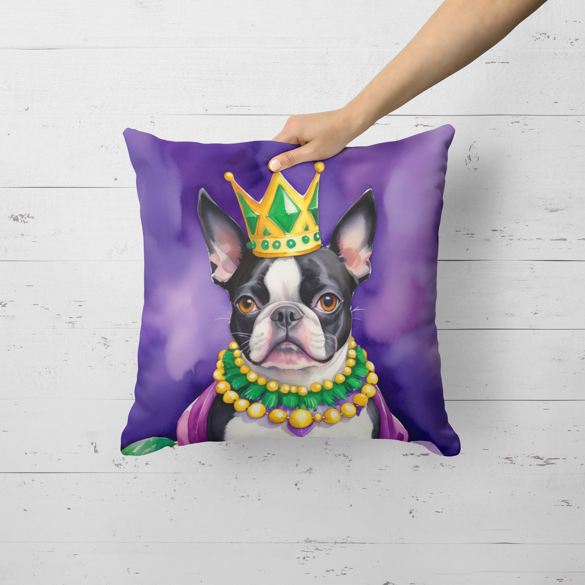 Boston Terrier King of Mardi Gras Decorative Throw Pillow 18x18 Indoor Outdoor Accent Cushion, Fabric Cover with Insert for Sofa, Bed, Porch & Living Room